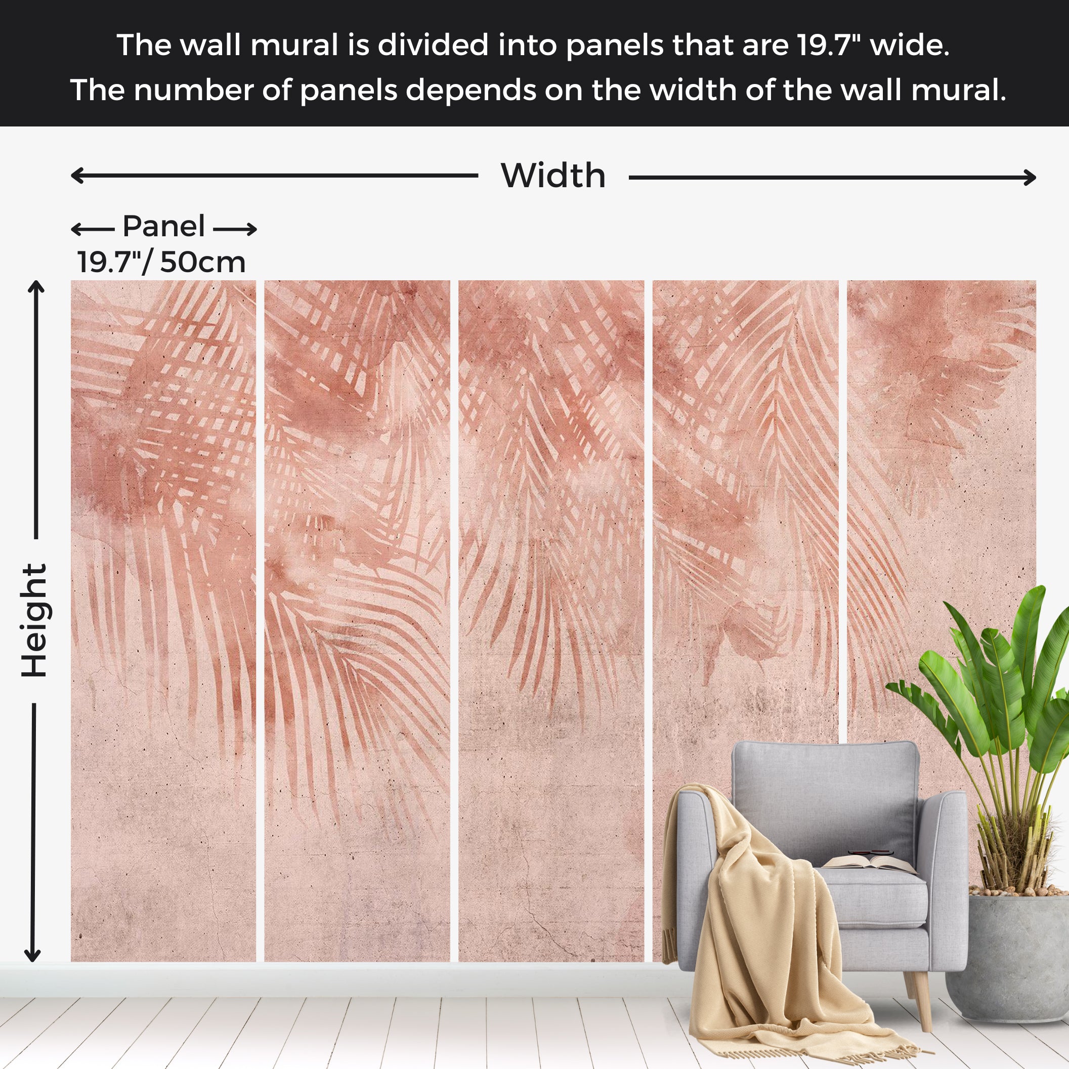 Botanical Wallpaper Wall Mural - Terracotta Palm Leaves 39"Wx27"H / Standard