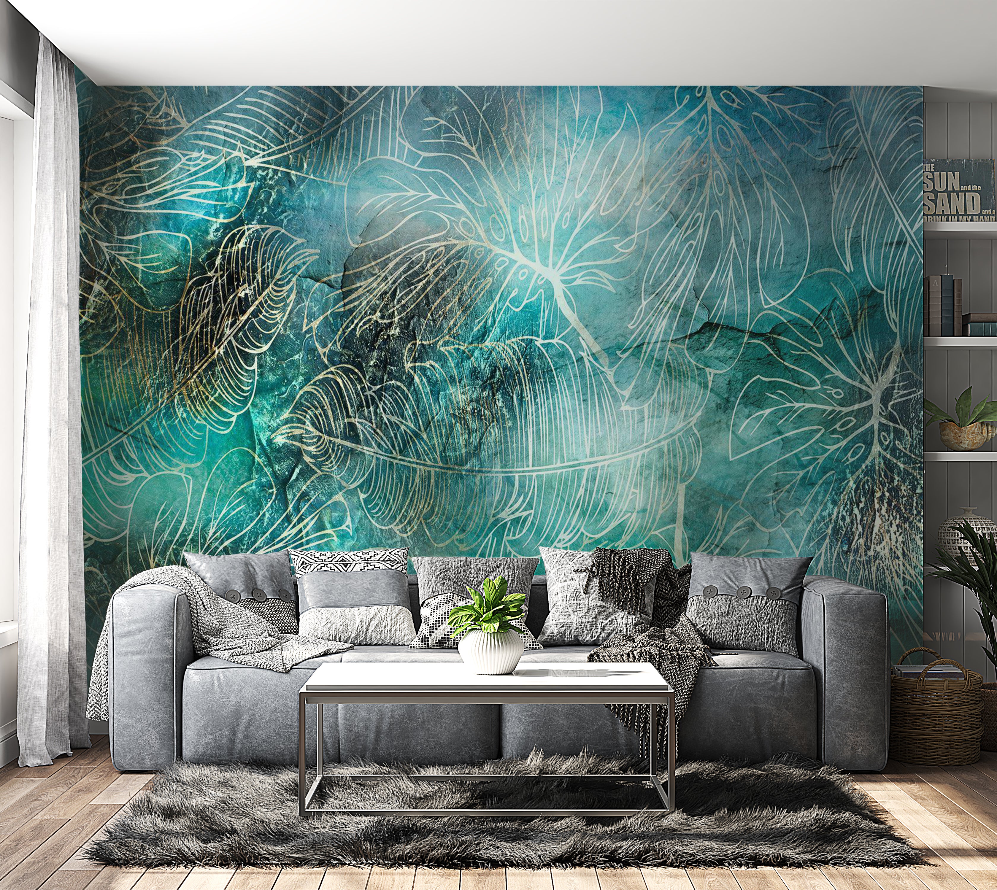 Botanical Wallpaper Wall Mural - Turquoise Vegetation 39"Wx27"H / Standard