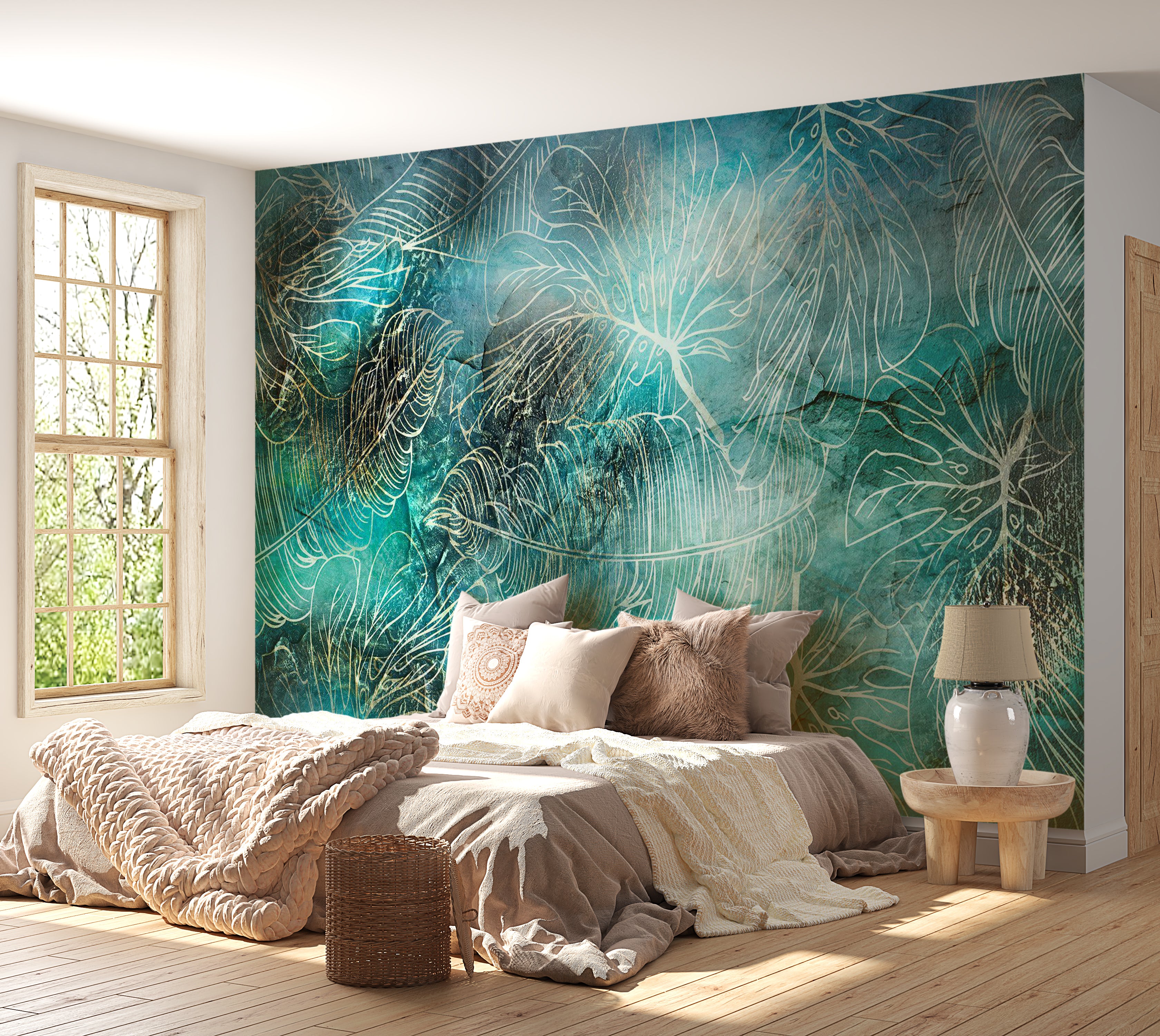 Botanical Wallpaper Wall Mural - Turquoise Vegetation 39"Wx27"H / Standard