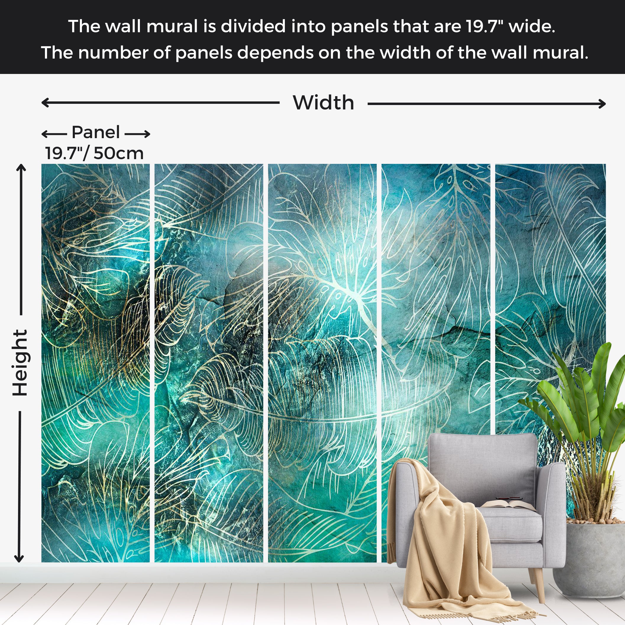 Botanical Wallpaper Wall Mural - Turquoise Vegetation 39"Wx27"H / Standard