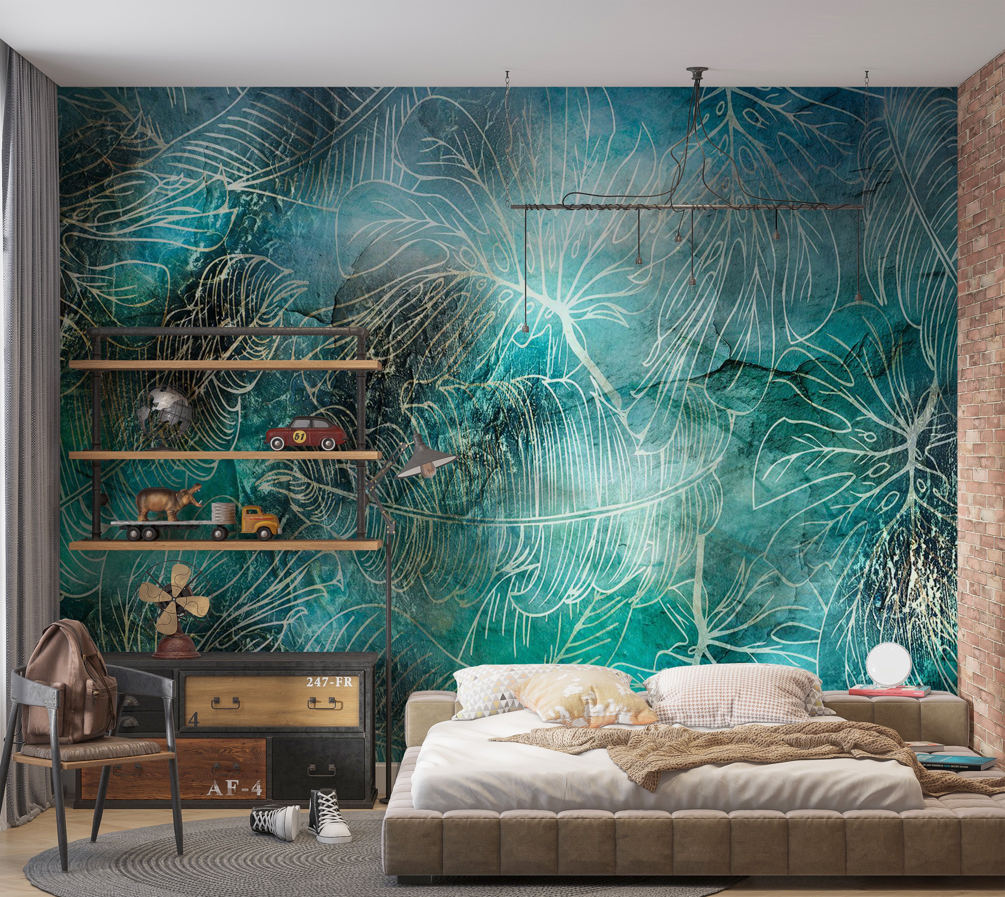 Botanical Wallpaper Wall Mural - Turquoise Vegetation 39"Wx27"H / Standard