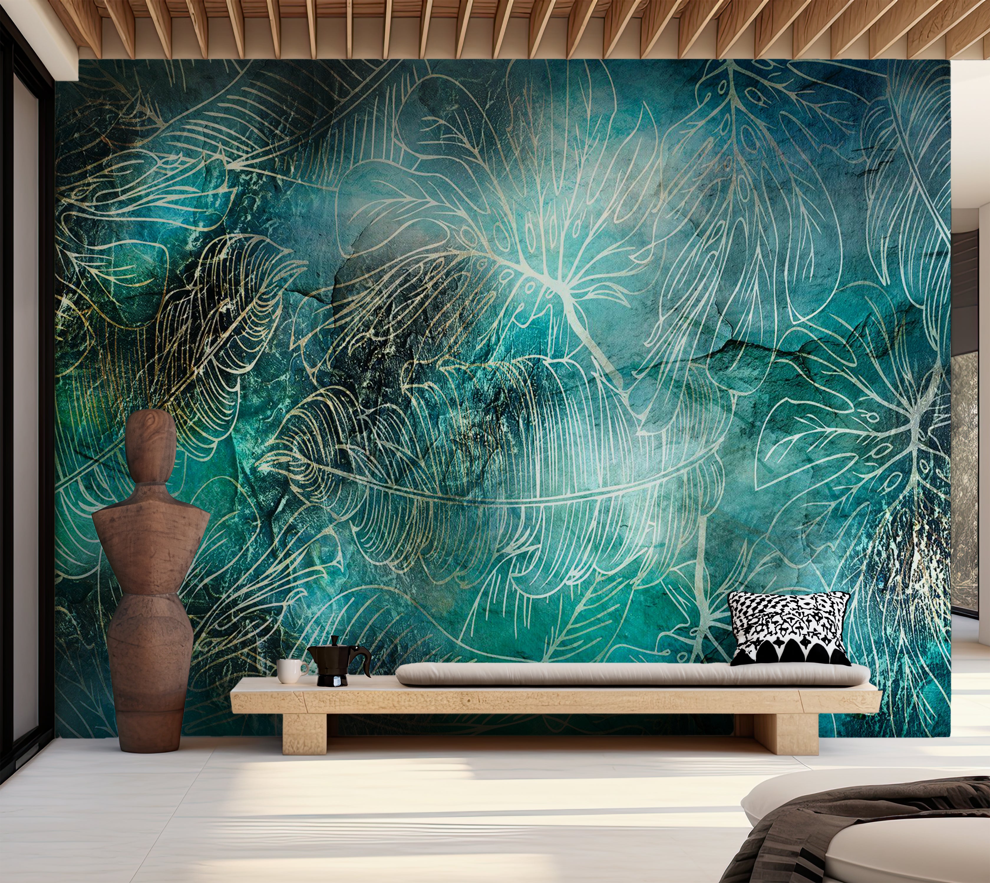 Botanical Wallpaper Wall Mural - Turquoise Vegetation 39"Wx27"H / Standard