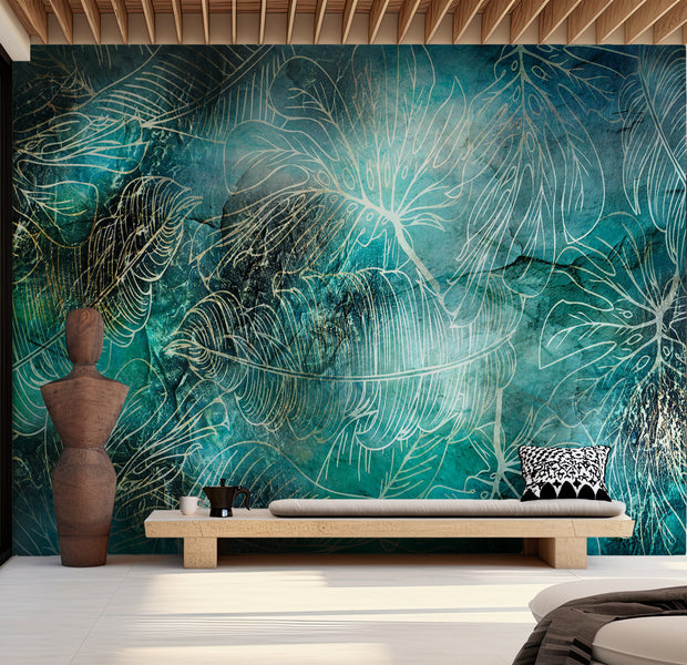 Botanical Wallpaper Wall Mural - Turquoise Vegetation 39"Wx27"H / Standard