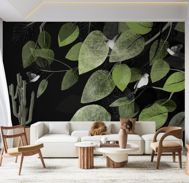 Botanical Wallpaper Wall Mural - Wings and Leaves at Twilight 39"Wx27"H / Standard