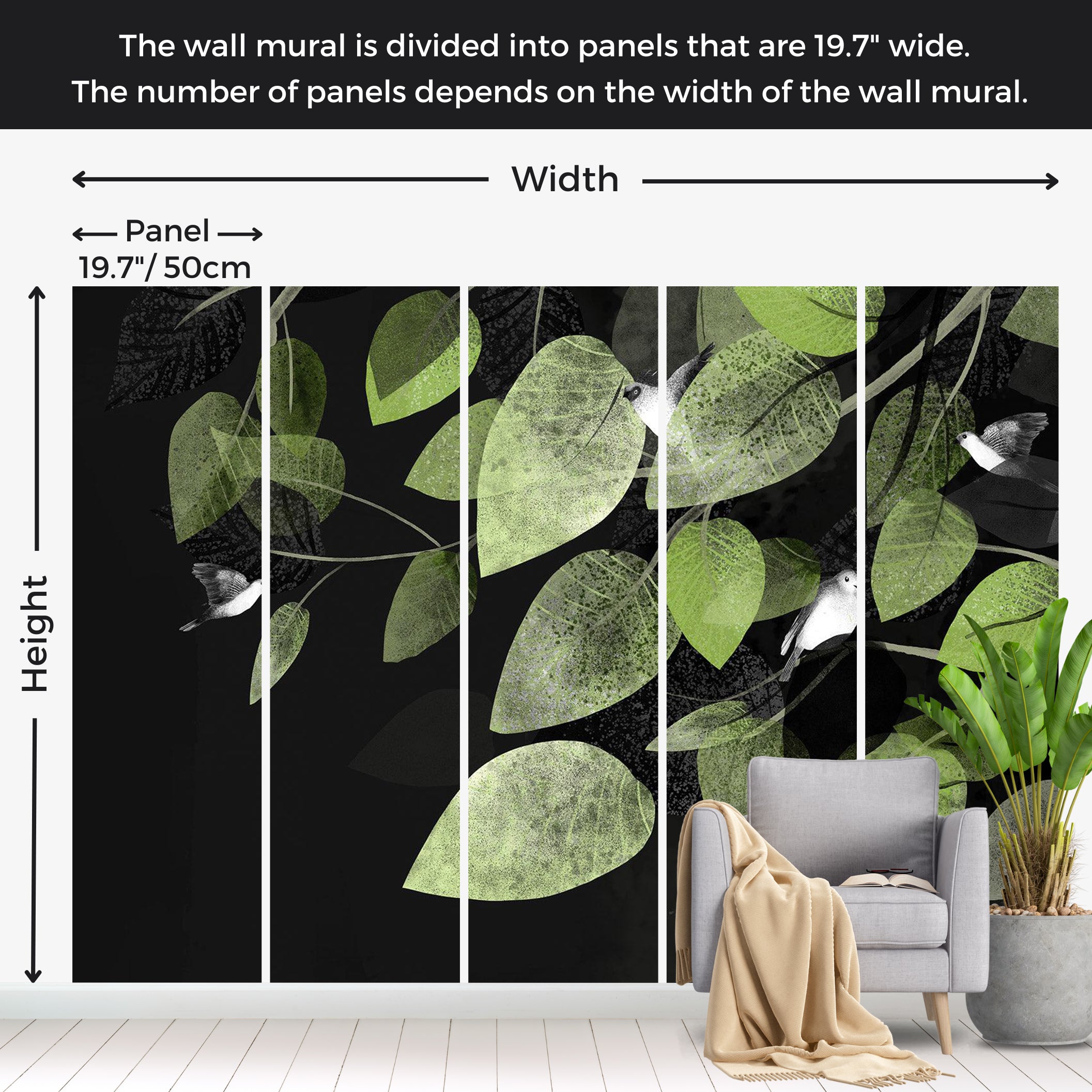 Botanical Wallpaper Wall Mural - Wings and Leaves at Twilight 39"Wx27"H / Standard