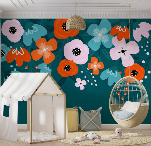 Floral Wallpaper Wall Mural - Abstract Blue Bloom 39"Wx27"H / Standard