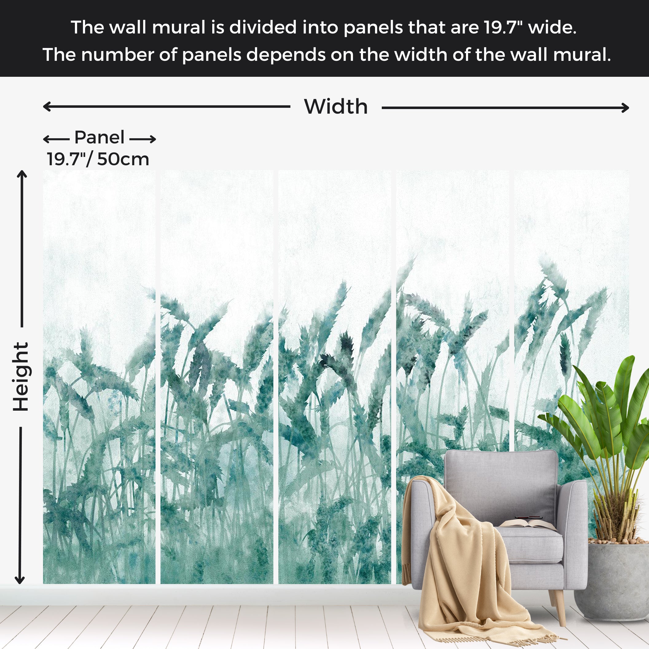 Floral Wallpaper Wall Mural - Blue Ears of Wheat 39"Wx27"H / Standard