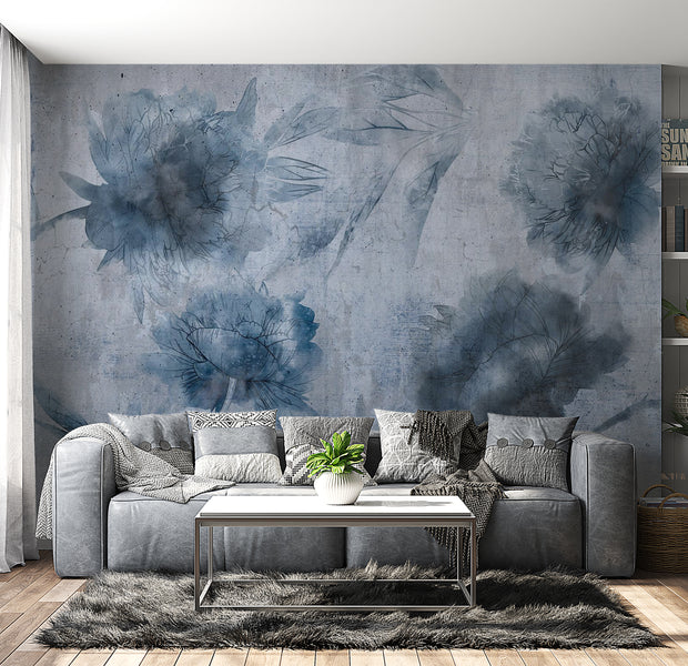 Floral Wallpaper Wall Mural - Blue Watercolor Peonies 39"Wx27"H / Standard