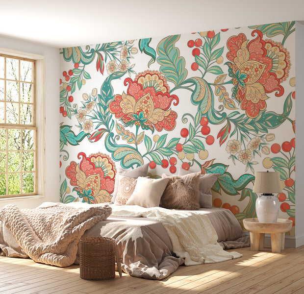 Floral Wallpaper Wall Mural - Boho Ethnic Flower Motif 39"Wx27"H / Standard