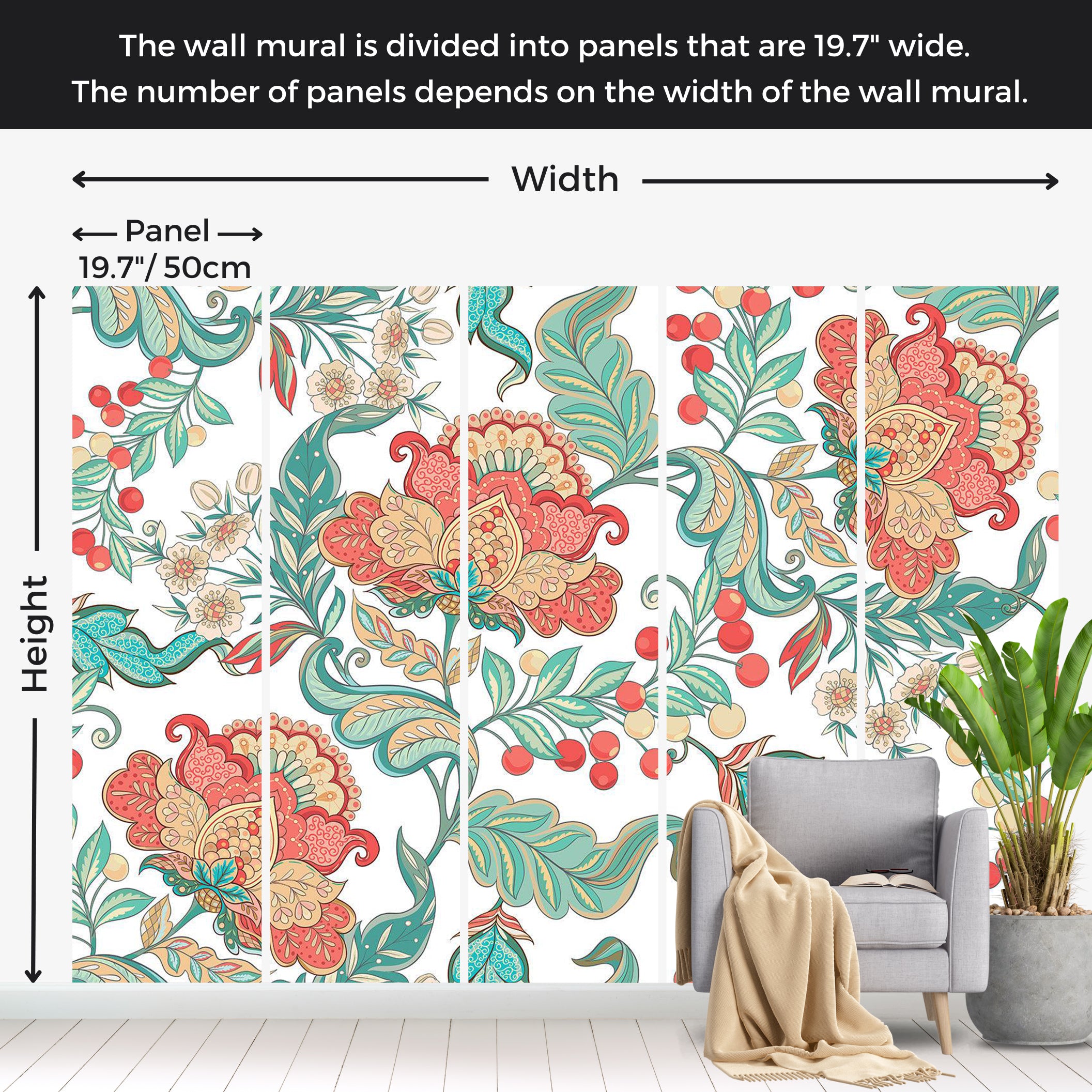 Floral Wallpaper Wall Mural - Boho Ethnic Flower Motif 39"Wx27"H / Standard