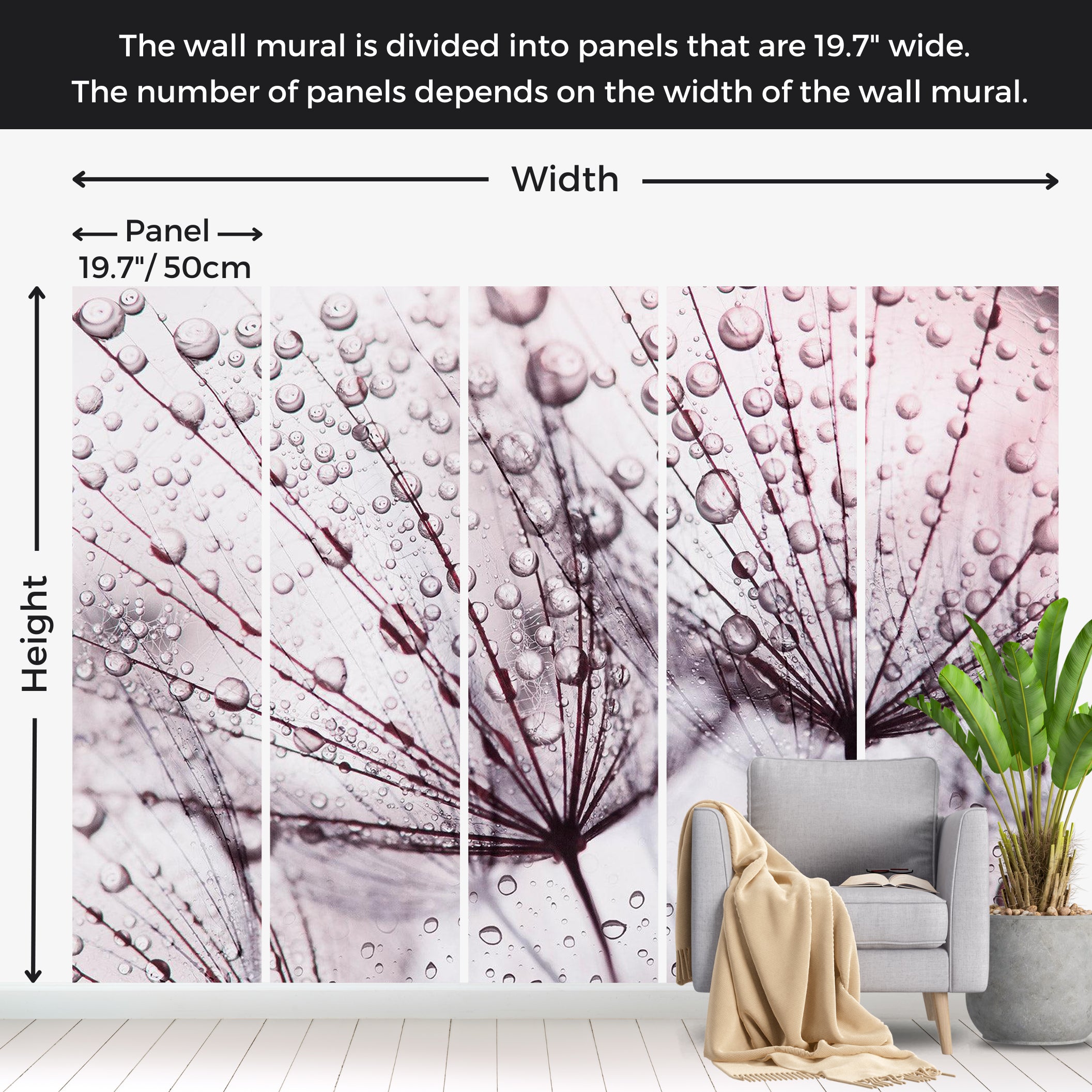 Floral Wallpaper Wall Mural - Dandelion in The Rain 39"Wx27"H / Standard