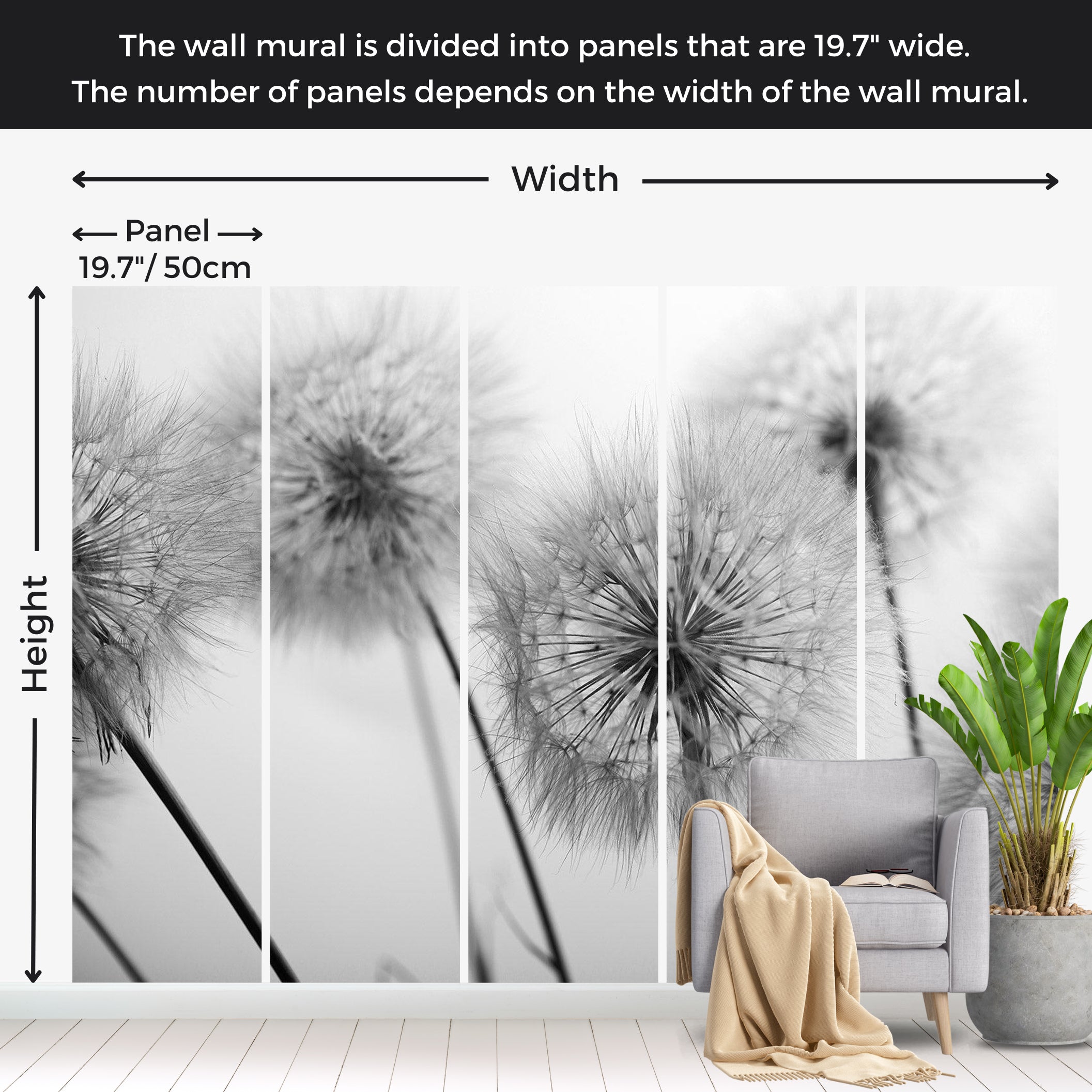 Floral Wallpaper Wall Mural - Field of Dandelions 39"Wx27"H / Standard