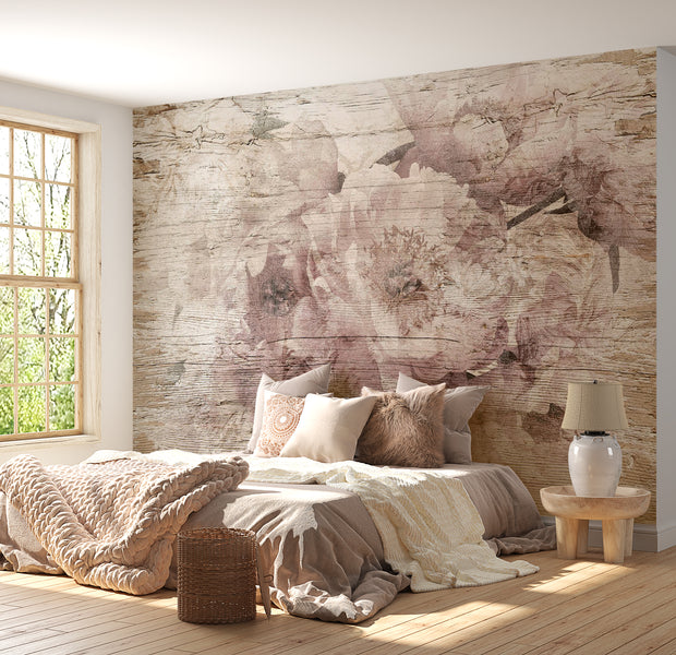 Floral Wallpaper Wall Mural - Flowers on Boards 39"Wx27"H / Standard