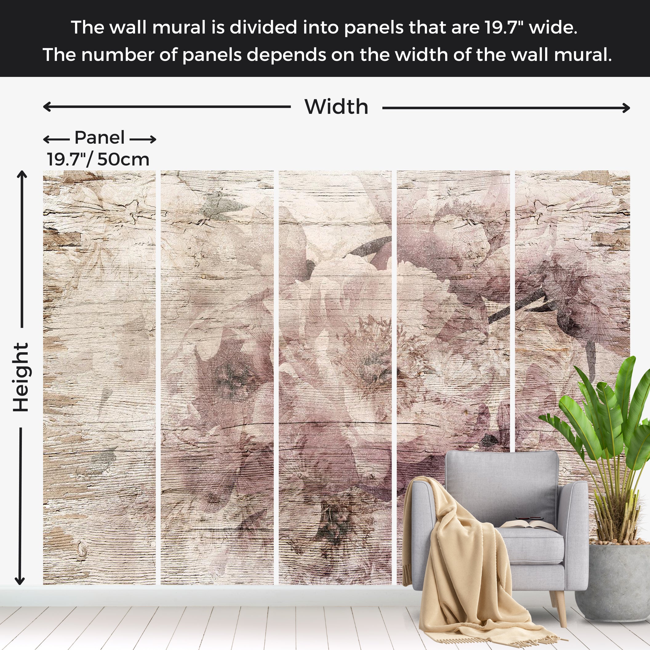 Floral Wallpaper Wall Mural - Flowers on Boards 39"Wx27"H / Standard