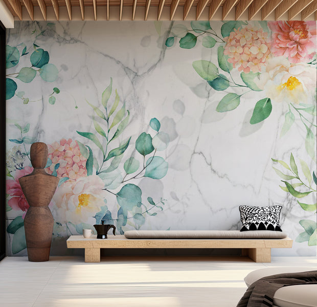 Floral Wallpaper Wall Mural - Flowery Marble 39"Wx27"H / Standard