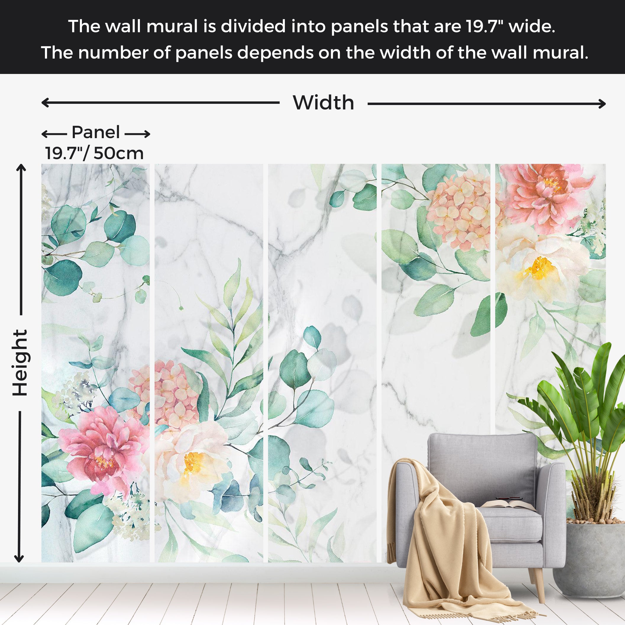 Floral Wallpaper Wall Mural - Flowery Marble 39"Wx27"H / Standard