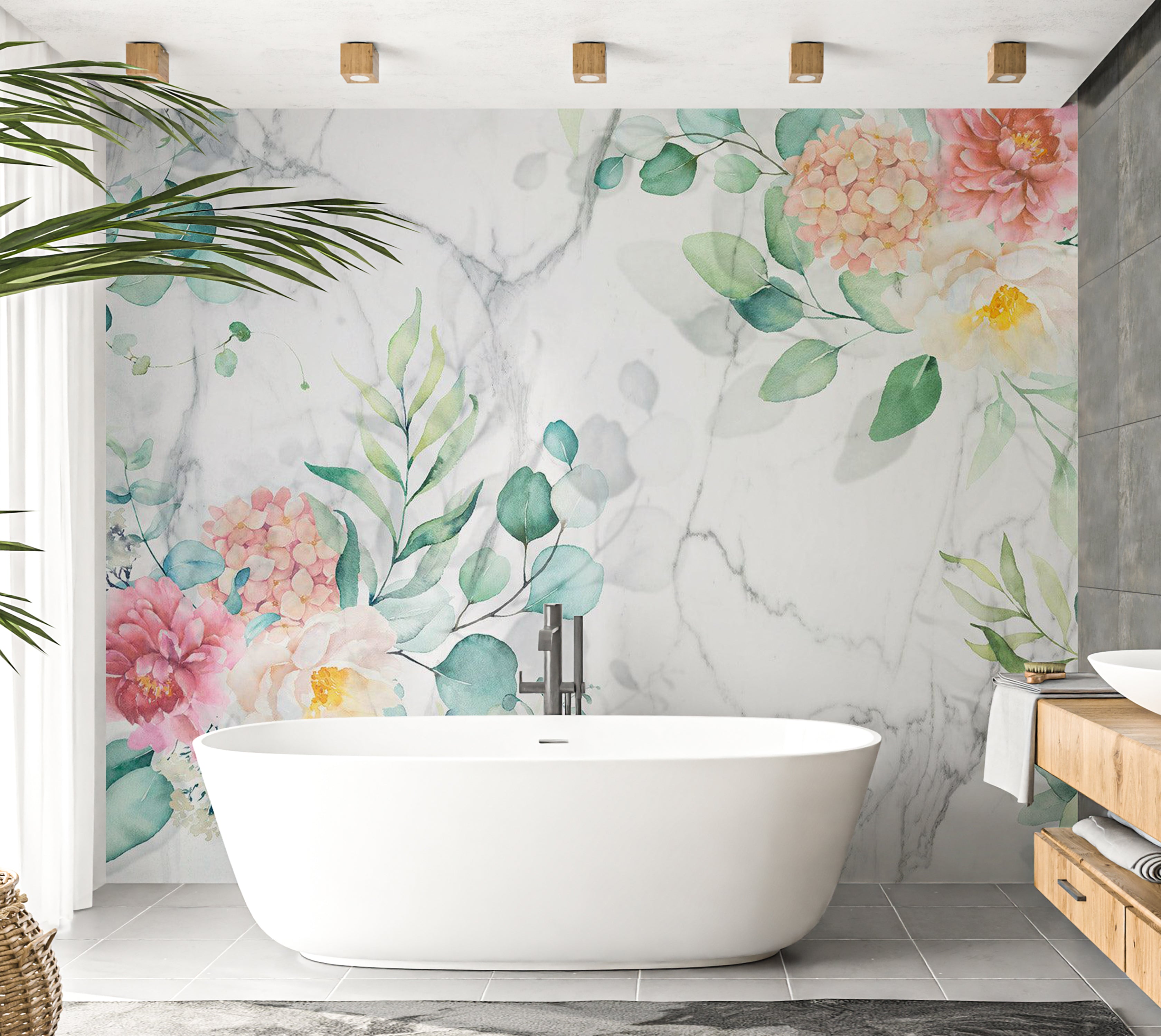 Floral Wallpaper Wall Mural - Flowery Marble 39"Wx27"H / Standard