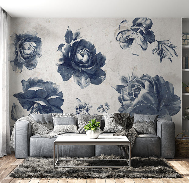 Floral Wallpaper Wall Mural - Garden of Memories Blue 39"Wx27"H / Standard