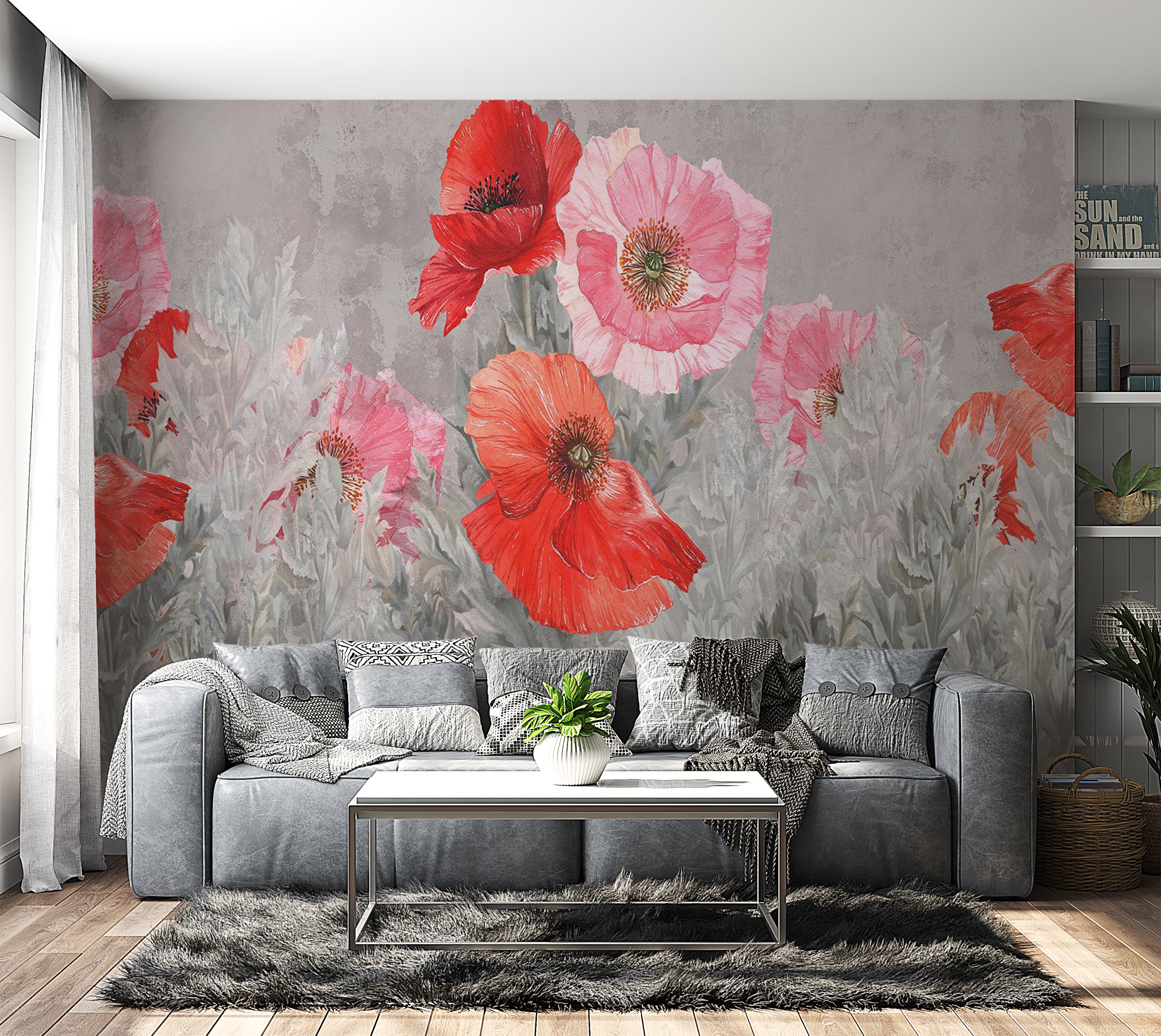 Floral Wallpaper Wall Mural - Gray Meadow 39"Wx27"H / Standard