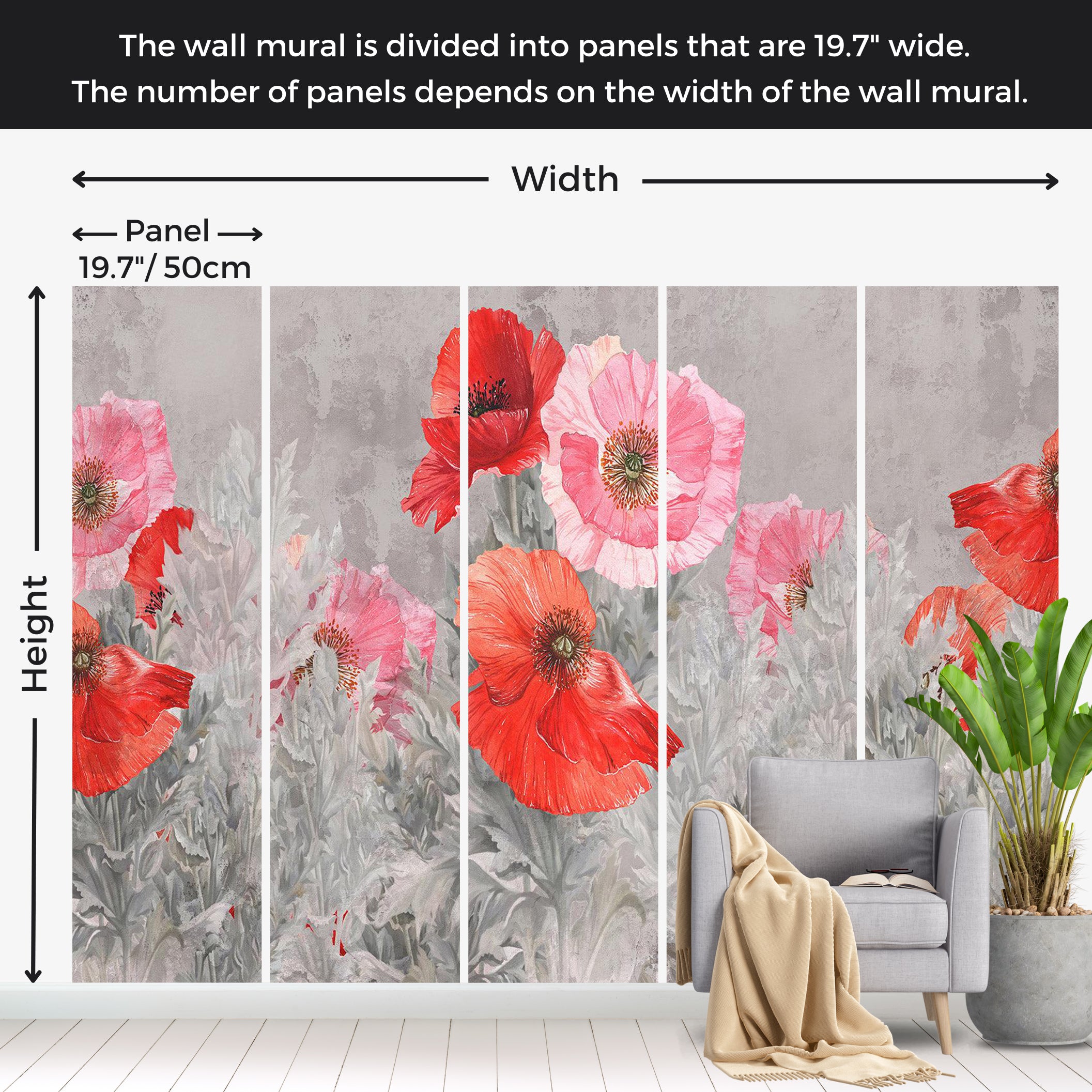 Floral Wallpaper Wall Mural - Gray Meadow 39"Wx27"H / Standard