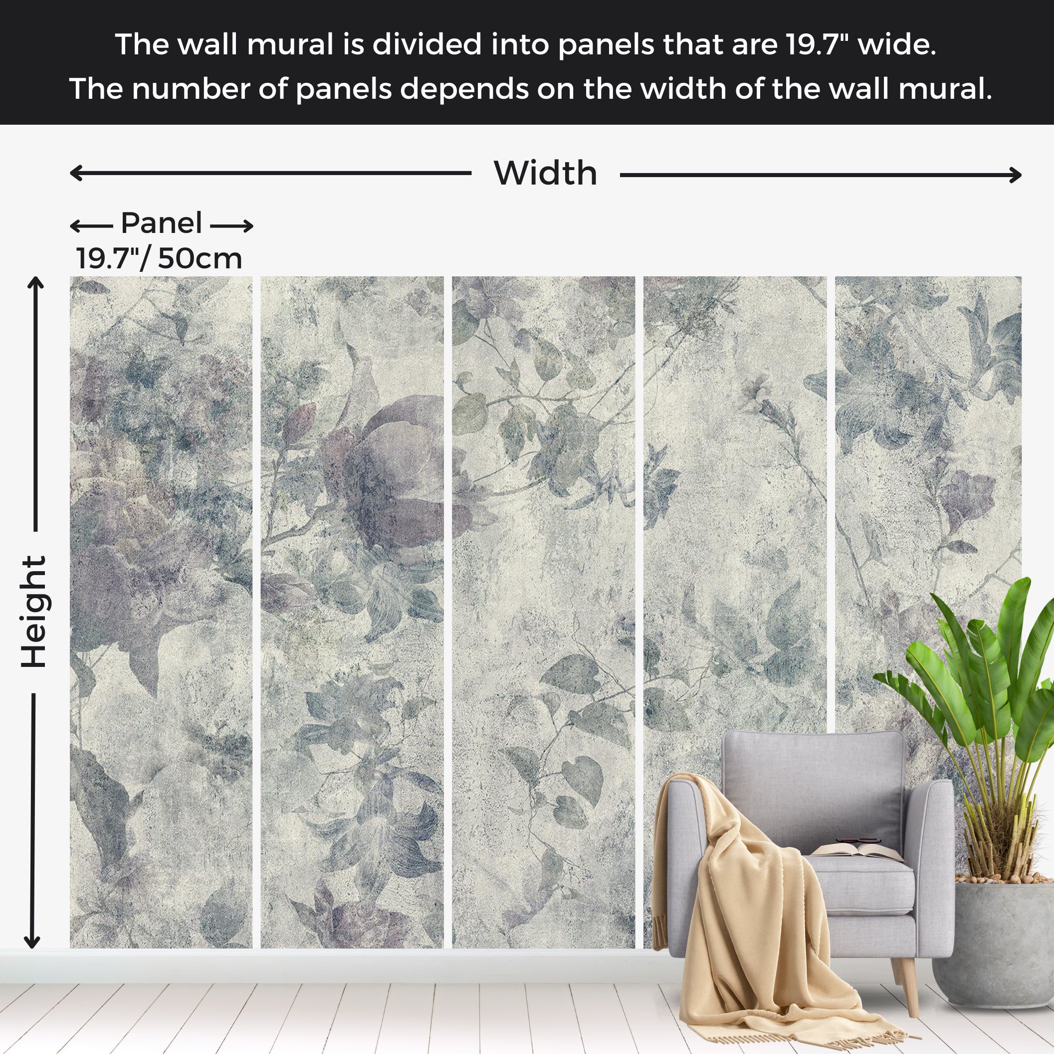 Floral Wallpaper Wall Mural - Grey Garden 39"Wx27"H / Standard