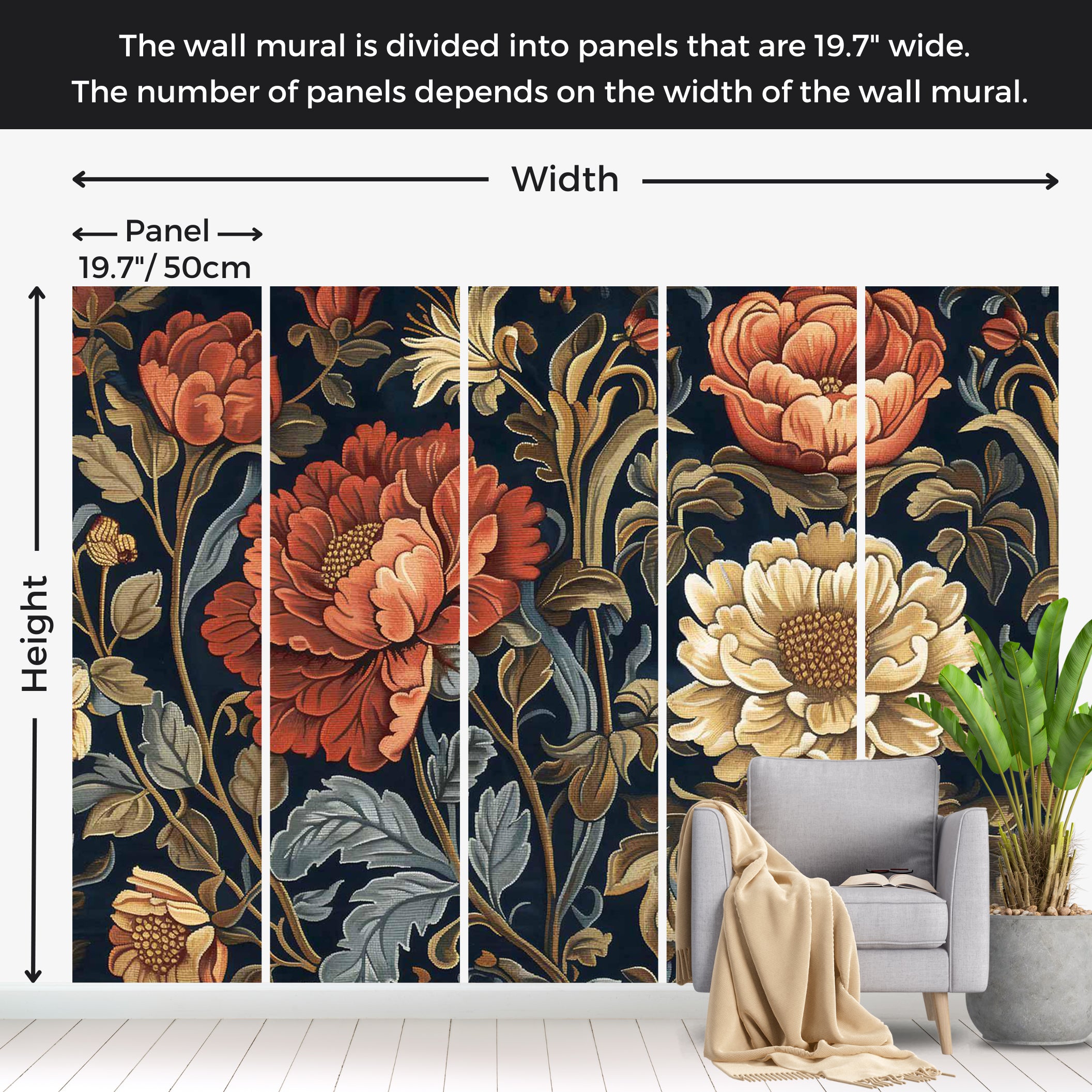 Floral Wallpaper Wall Mural - Large Flowers Kilim Style 39"Wx27"H / Standard