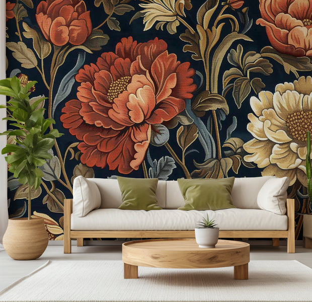 Floral Wallpaper Wall Mural - Large Flowers Kilim Style 39"Wx27"H / Standard