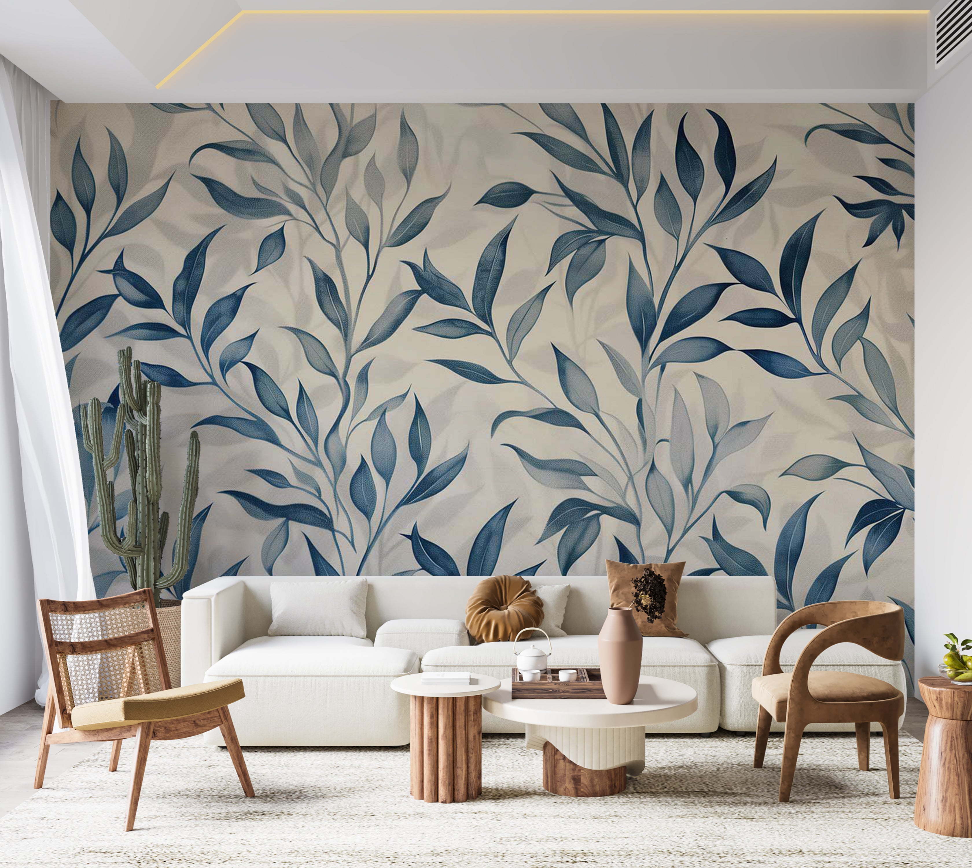 Floral Wallpaper Wall Mural - Leaves in Blue Colors 39"Wx27"H / Standard
