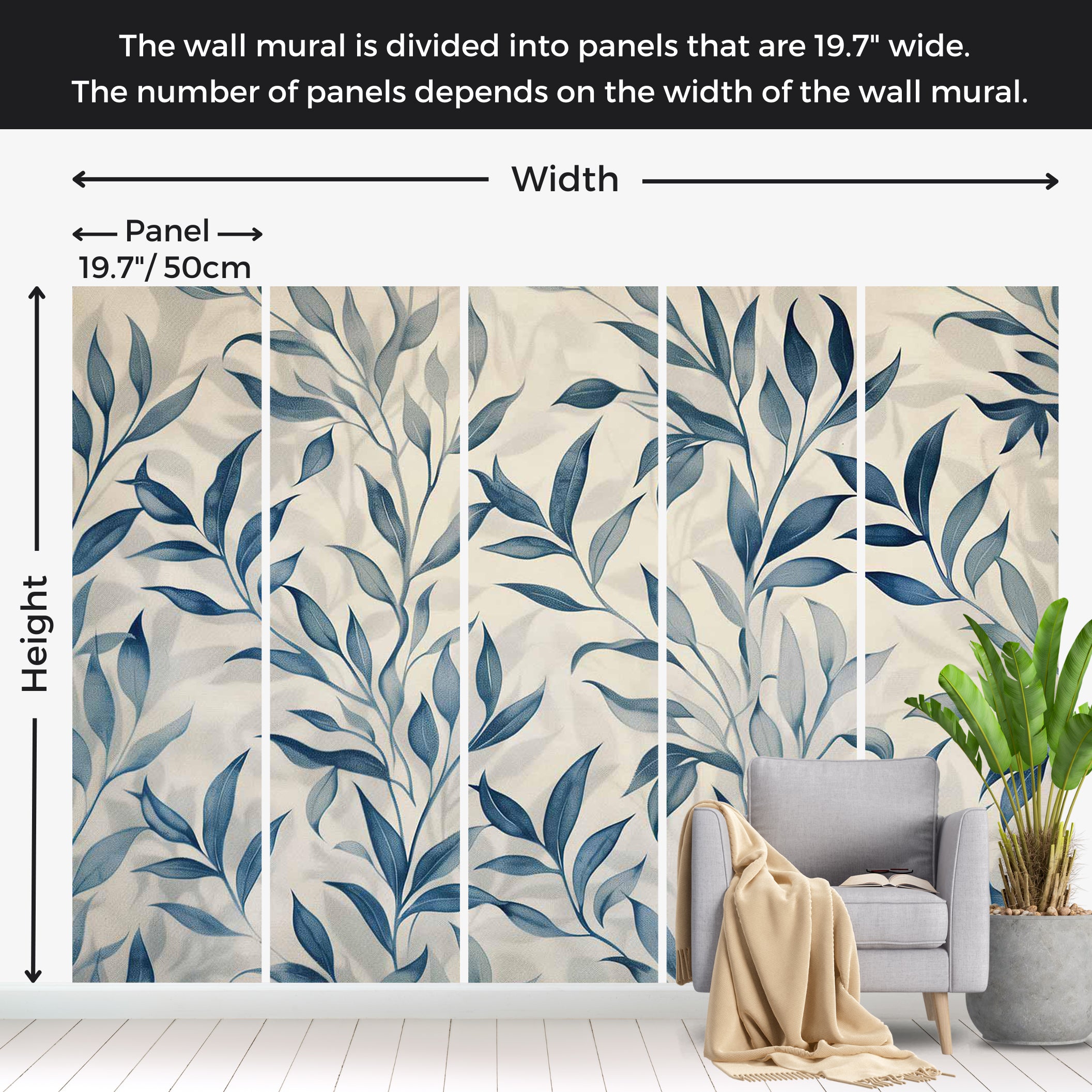 Floral Wallpaper Wall Mural - Leaves in Blue Colors 39"Wx27"H / Standard