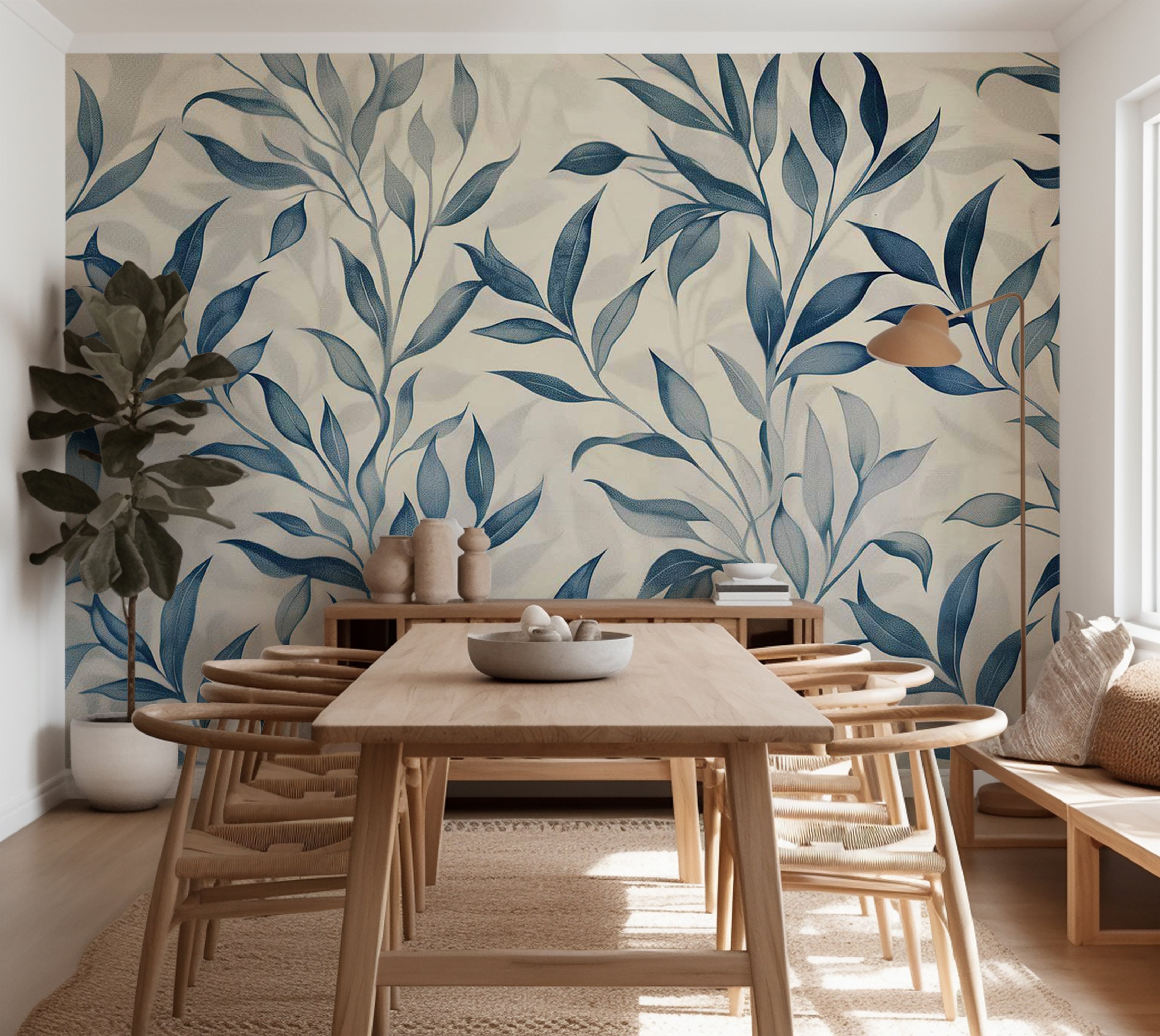 Floral Wallpaper Wall Mural - Leaves in Blue Colors 39"Wx27"H / Standard