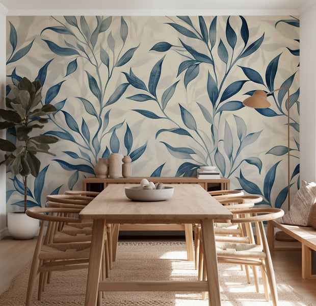 Floral Wallpaper Wall Mural - Leaves in Blue Colors 39"Wx27"H / Standard
