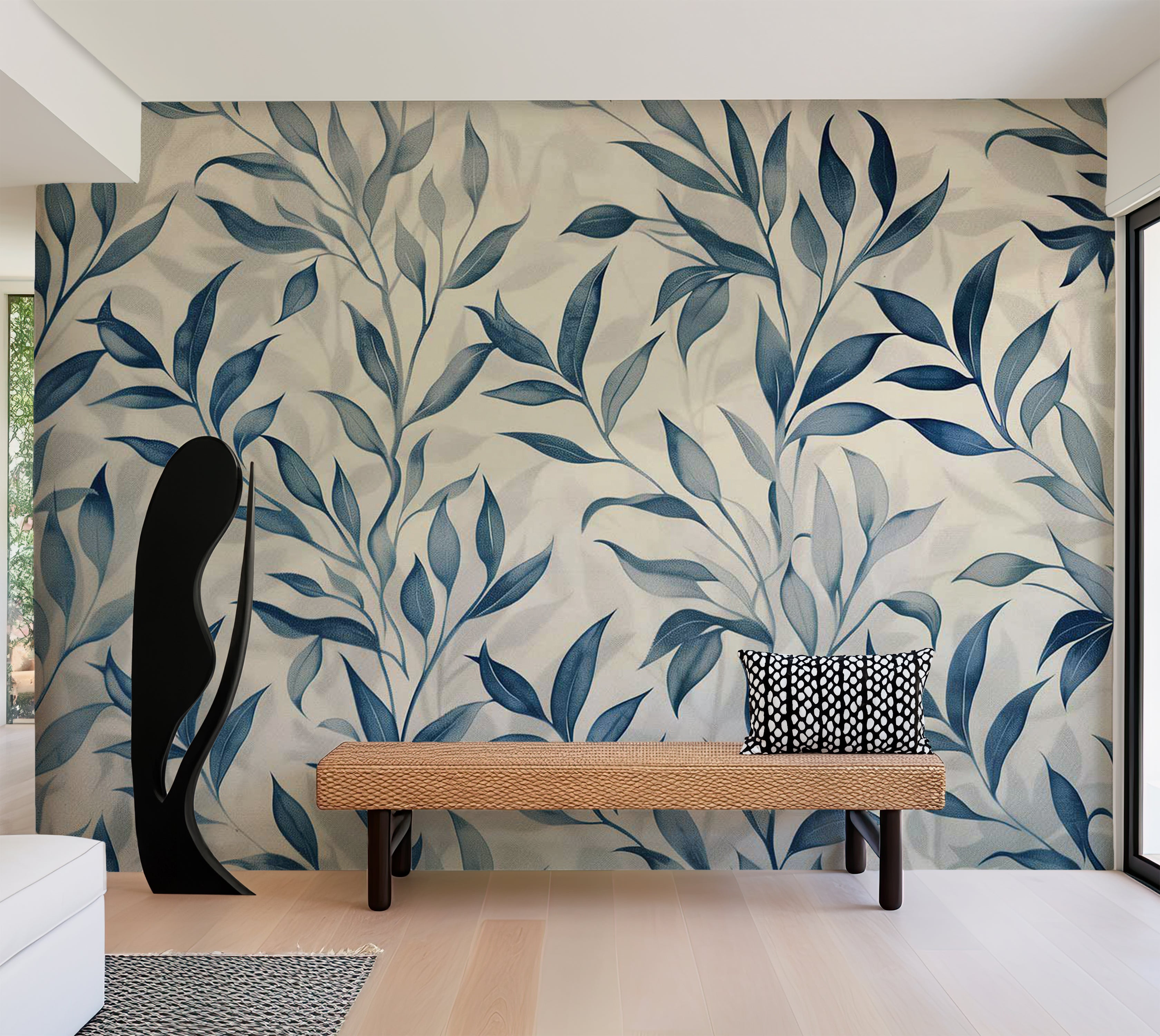 Floral Wallpaper Wall Mural - Leaves in Blue Colors 39"Wx27"H / Standard
