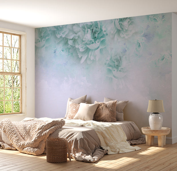 Floral Wallpaper Wall Mural - Light Turquoise Floral Composition 39"Wx27"H / Standard