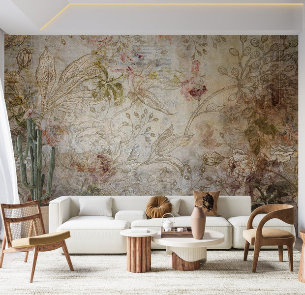 Floral Wallpaper Wall Mural - Old Postcard 39"Wx27"H / Standard