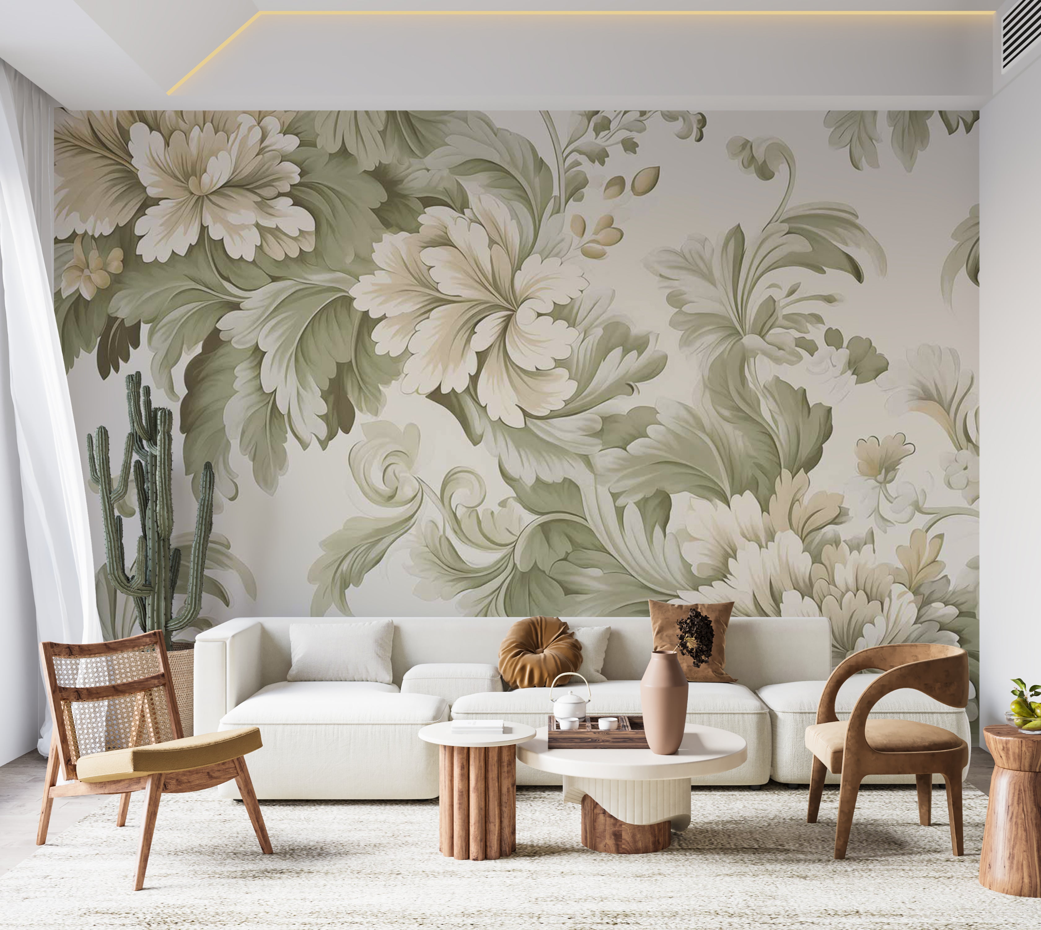 Floral Wallpaper Wall Mural - Retro Vintage Flowers Cream 39"Wx27"H / Standard
