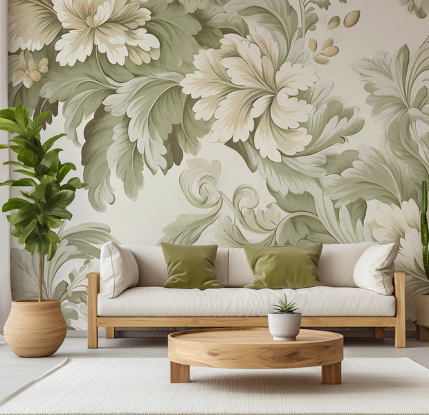 Floral Wallpaper Wall Mural - Retro Vintage Flowers Cream 39"Wx27"H / Standard