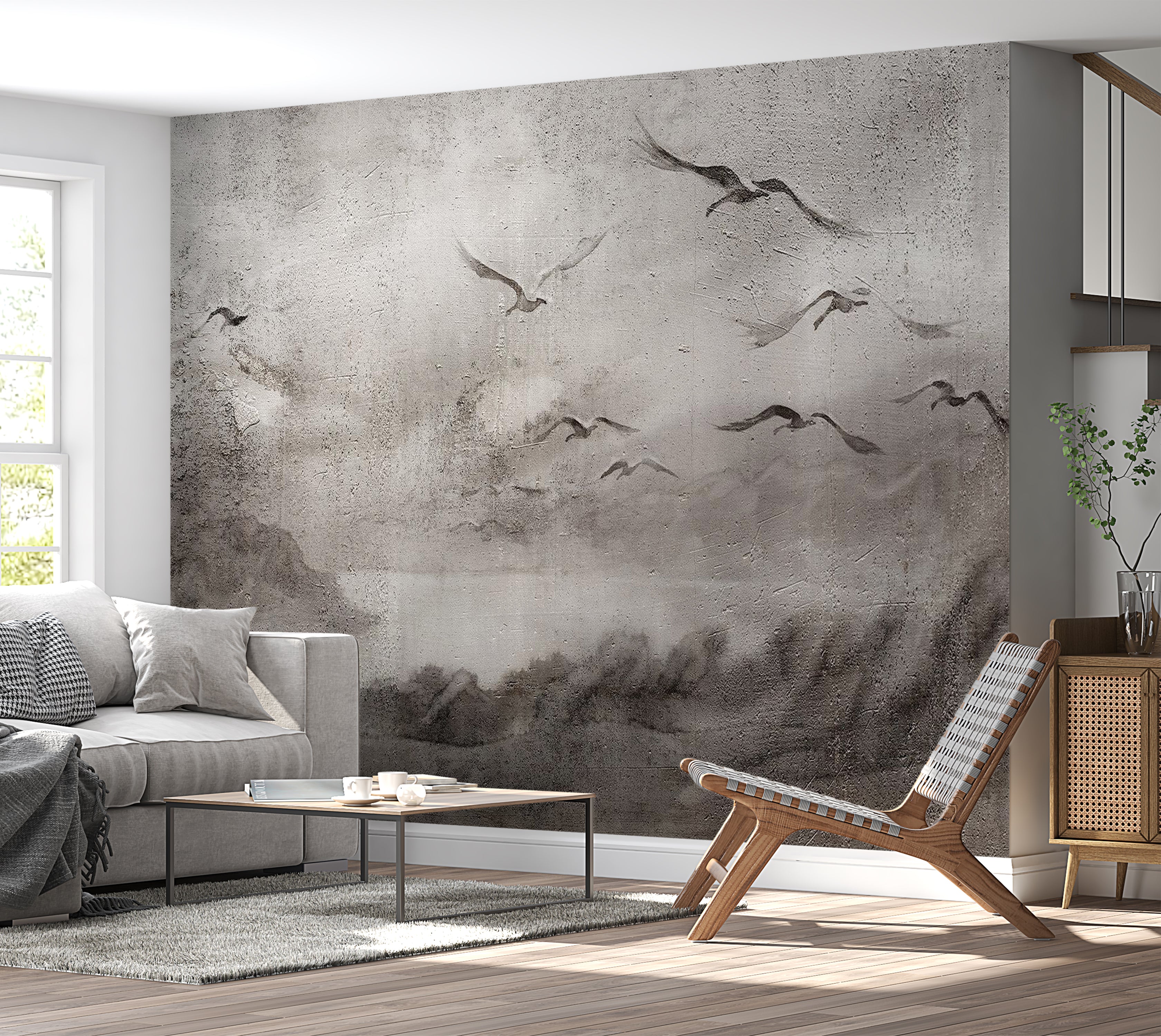 Landscape Wallpaper Wall Mural - Swan Flight 39"Wx27"H / Standard