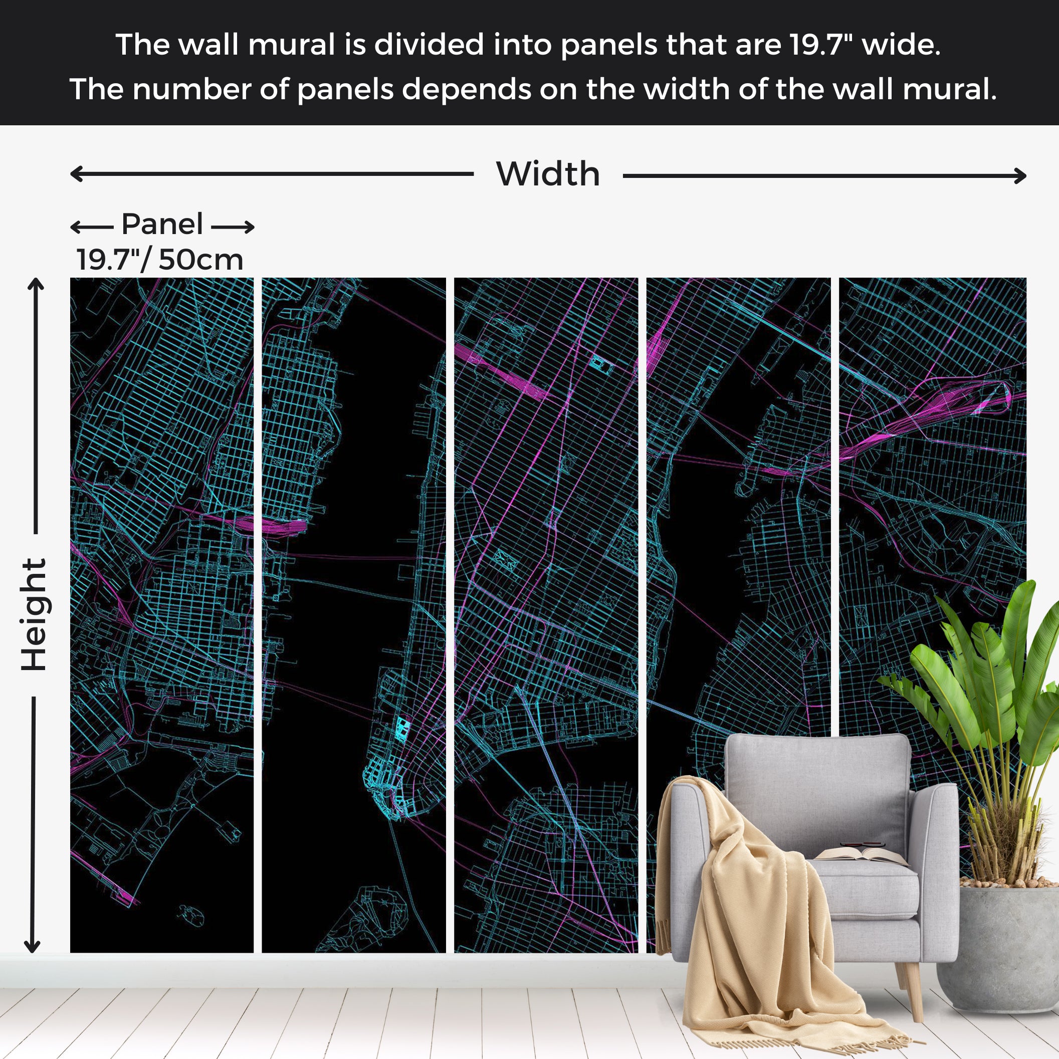 Map Wallpaper Wall Mural - Blue Manhattan 39"Wx27"H / Standard