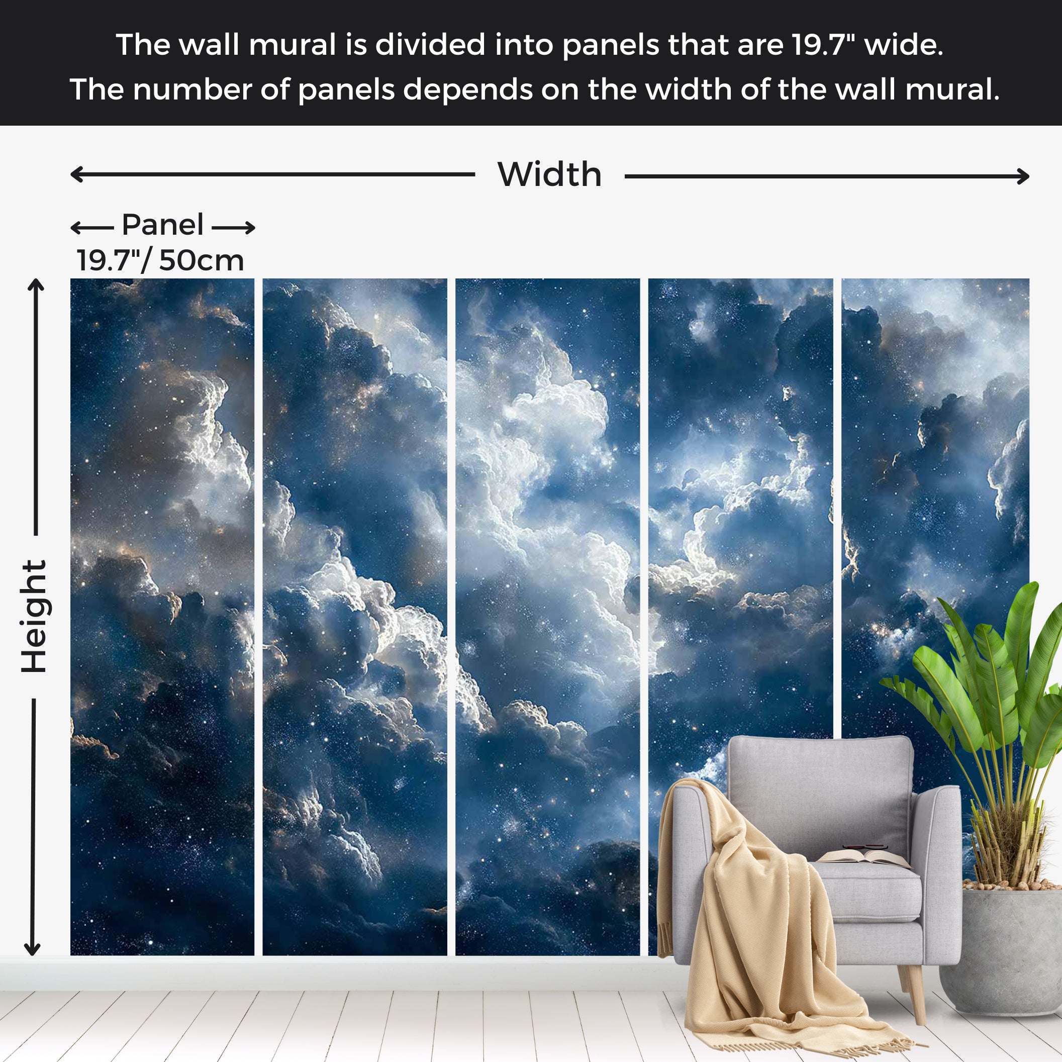 Space Wallpaper Wall Mural - Clouds and Stars 39"Wx27"H / Standard