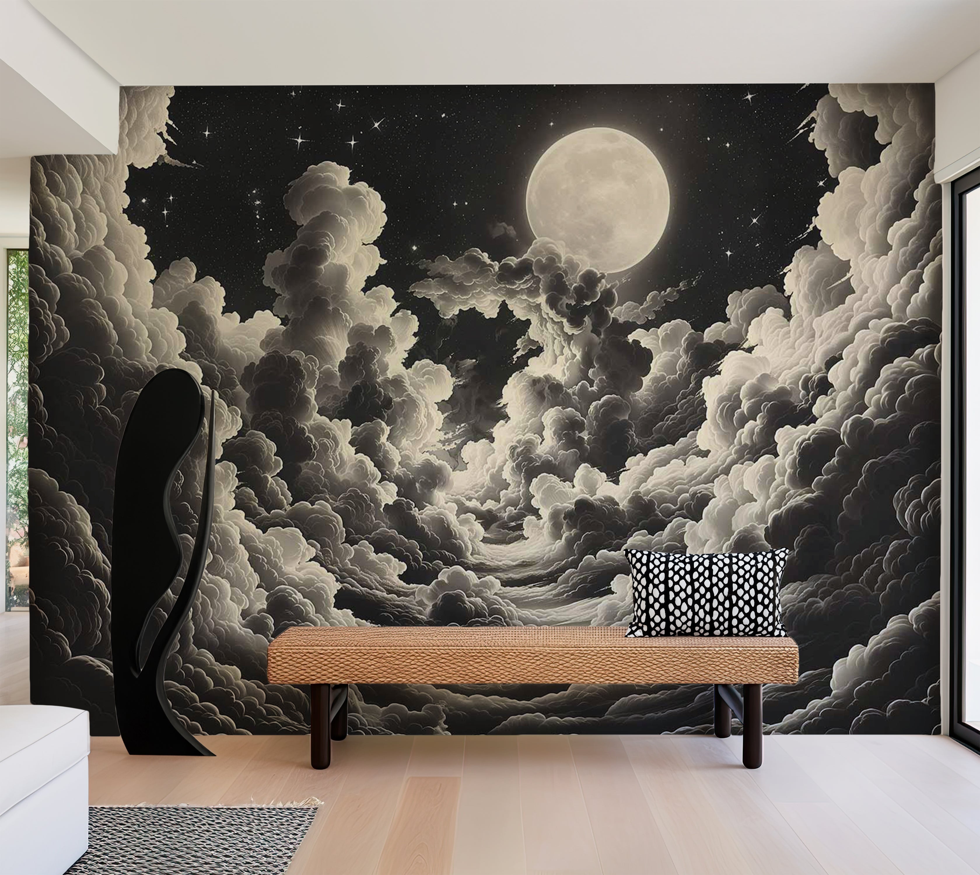 Space Wallpaper Wall Mural - Moon and Stars at Night 39"Wx27"H / Standard