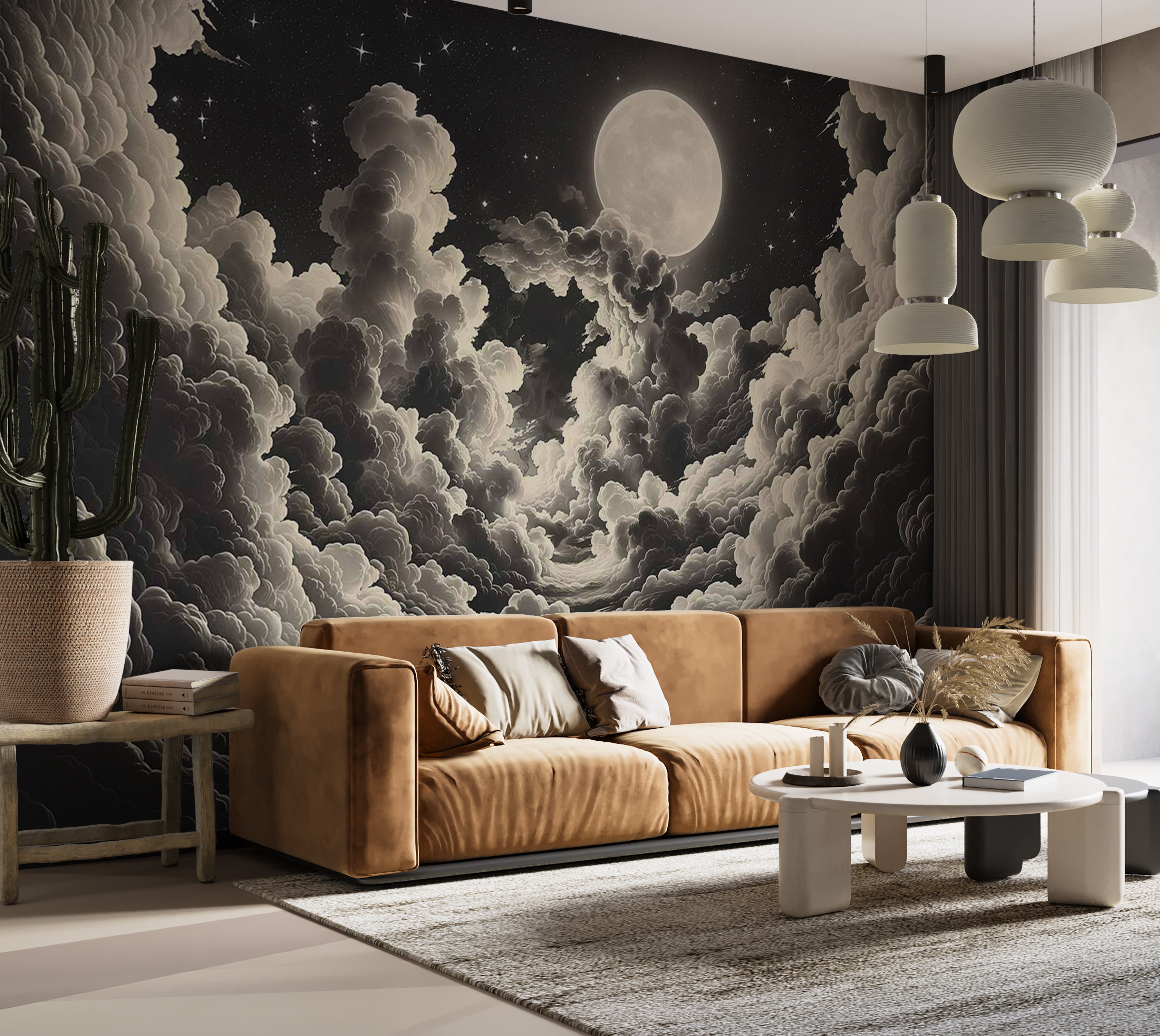 Space Wallpaper Wall Mural - Moon and Stars at Night 39"Wx27"H / Standard