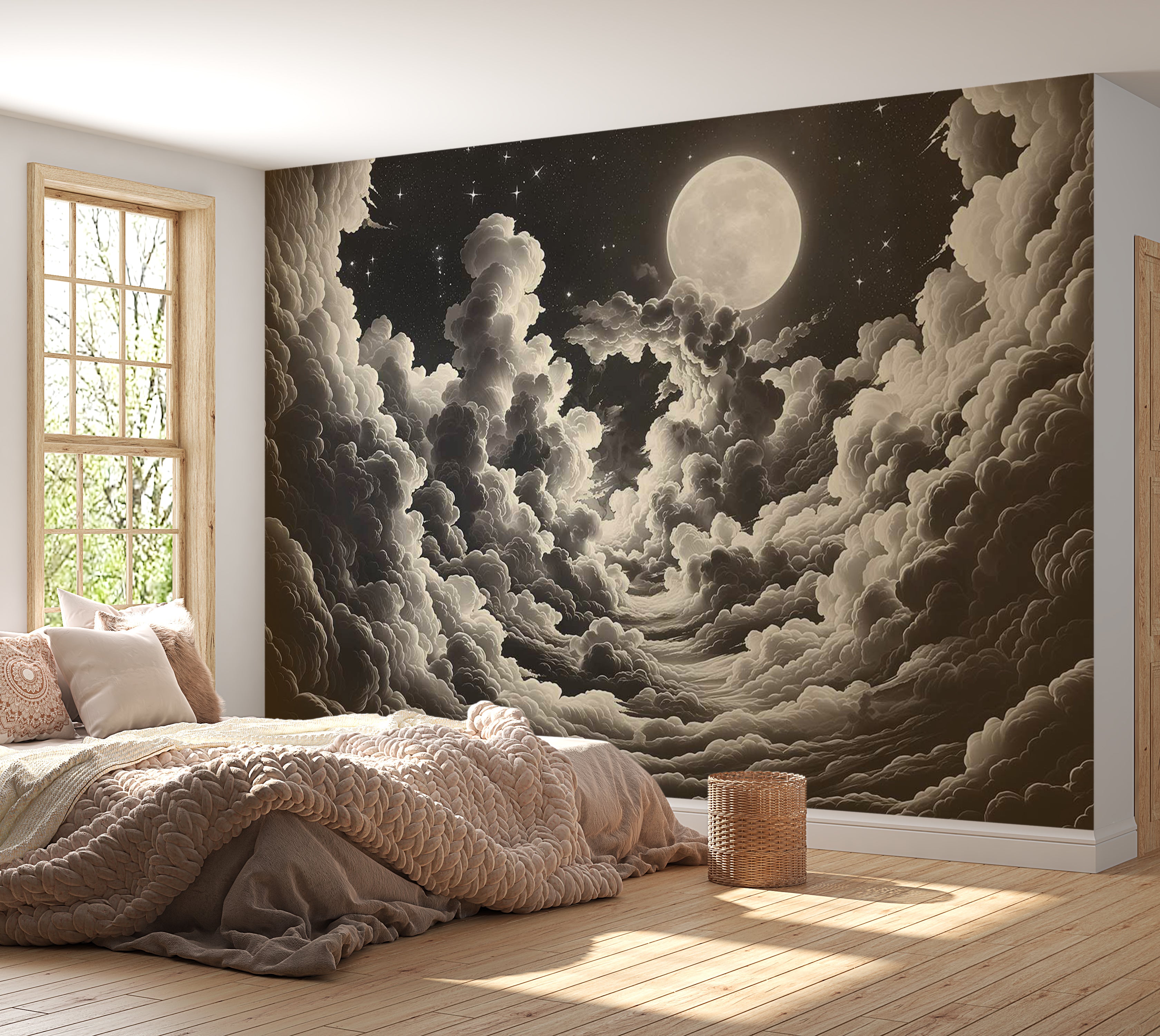 Space Wallpaper Wall Mural - Moon and Stars at Night 39"Wx27"H / Standard