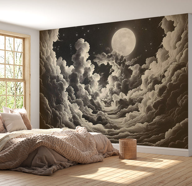 Space Wallpaper Wall Mural - Moon and Stars at Night 39"Wx27"H / Standard