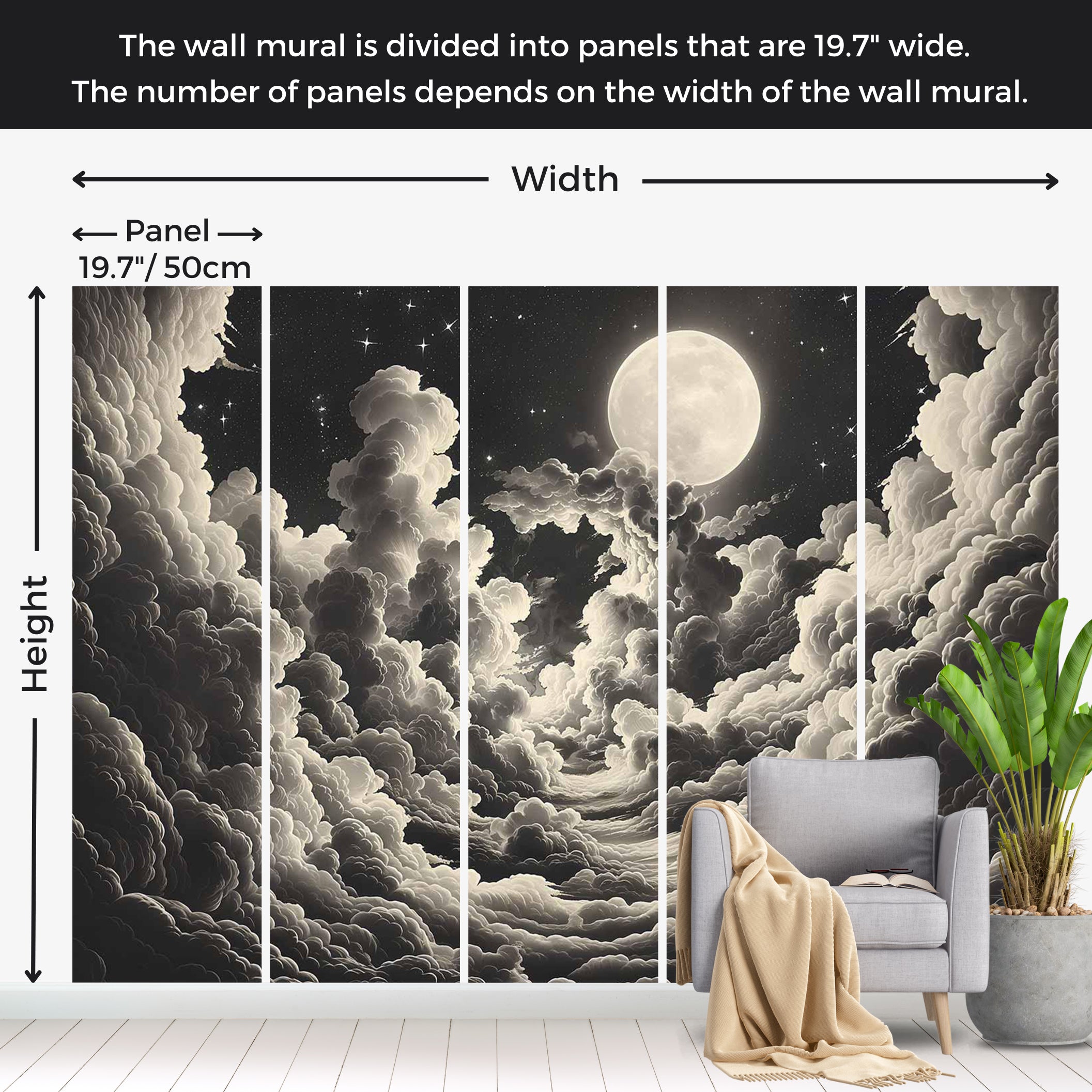 Space Wallpaper Wall Mural - Moon and Stars at Night 39"Wx27"H / Standard