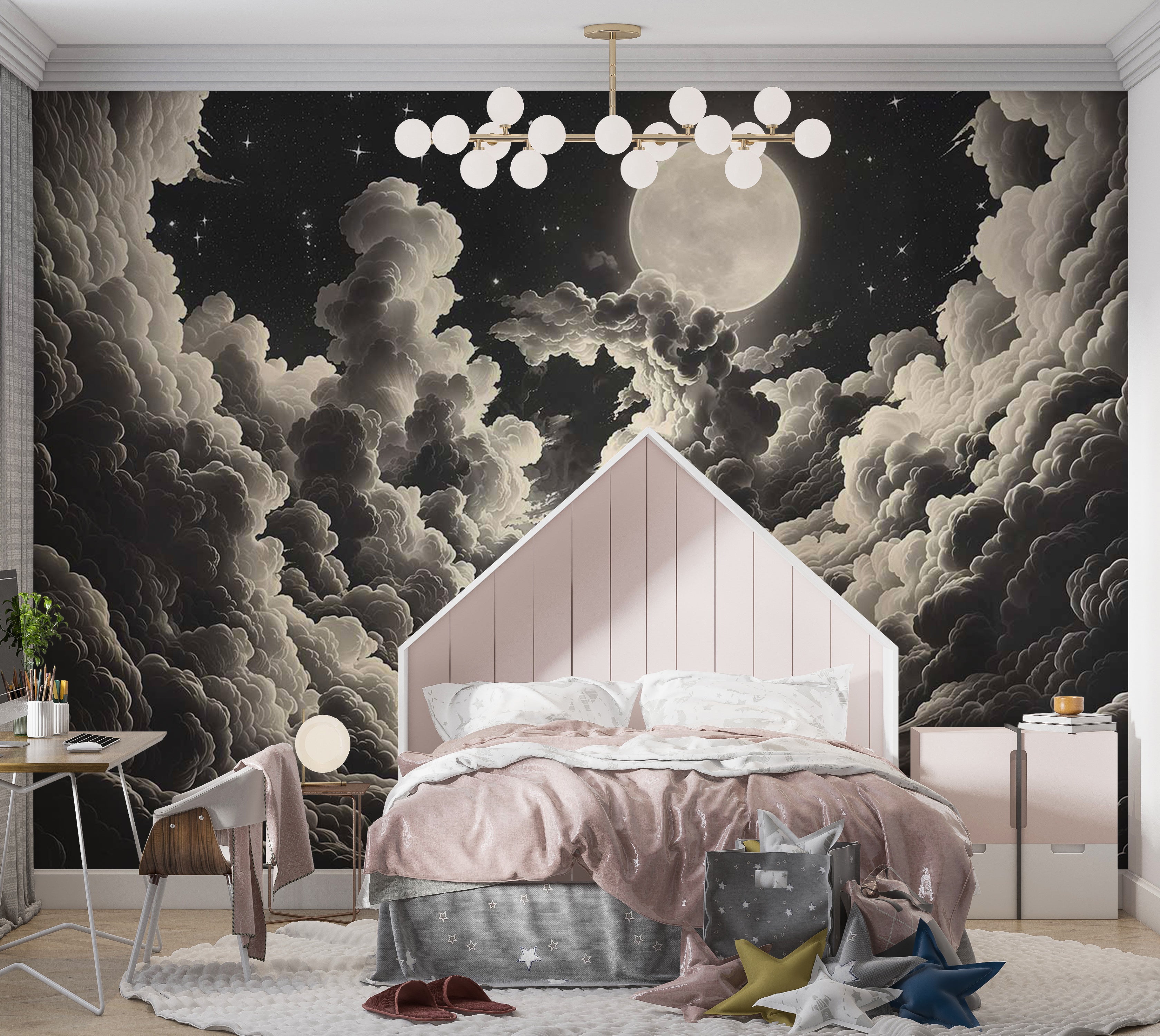 Space Wallpaper Wall Mural - Moon and Stars at Night 39"Wx27"H / Standard