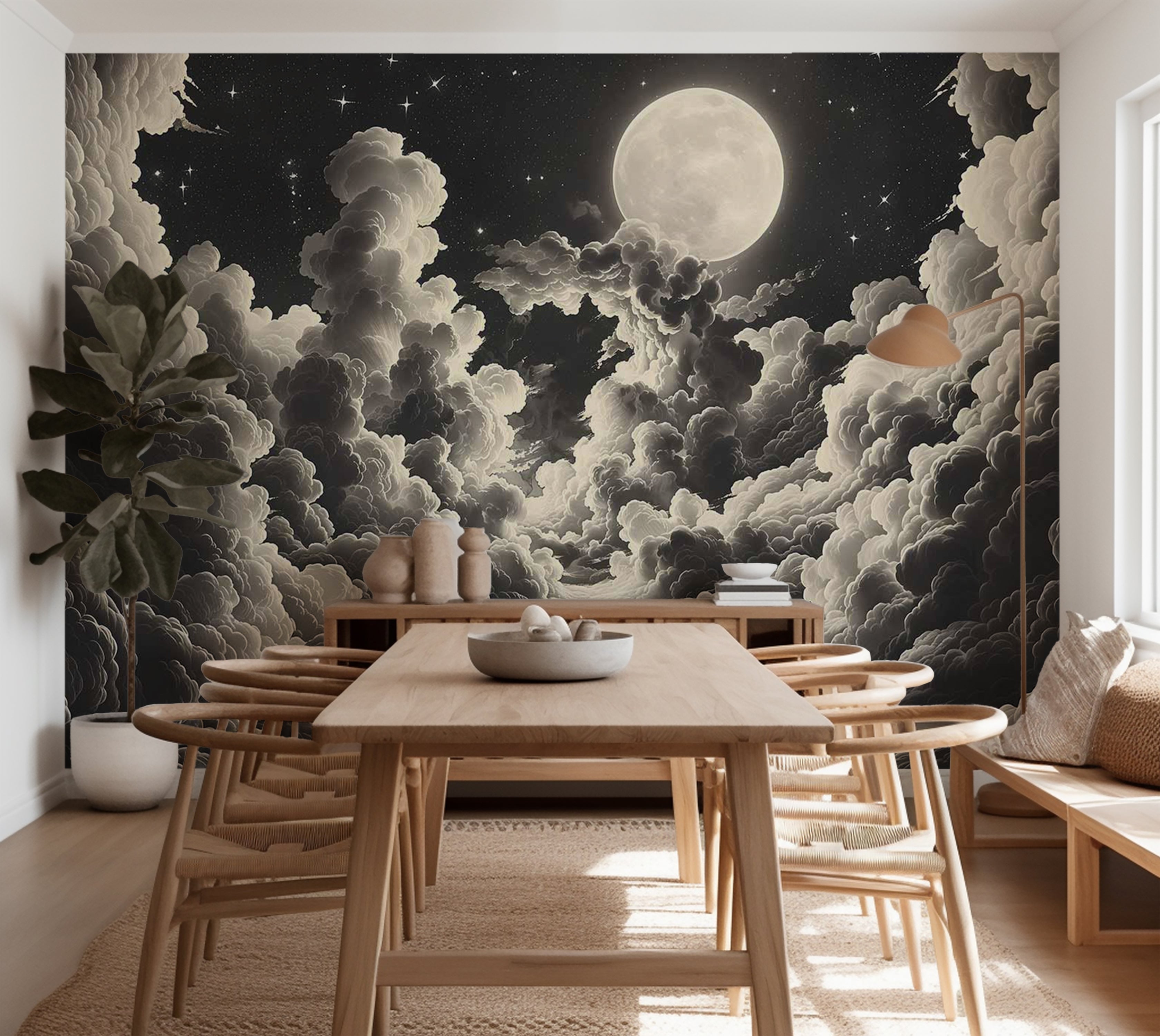 Space Wallpaper Wall Mural - Moon and Stars at Night 39"Wx27"H / Standard