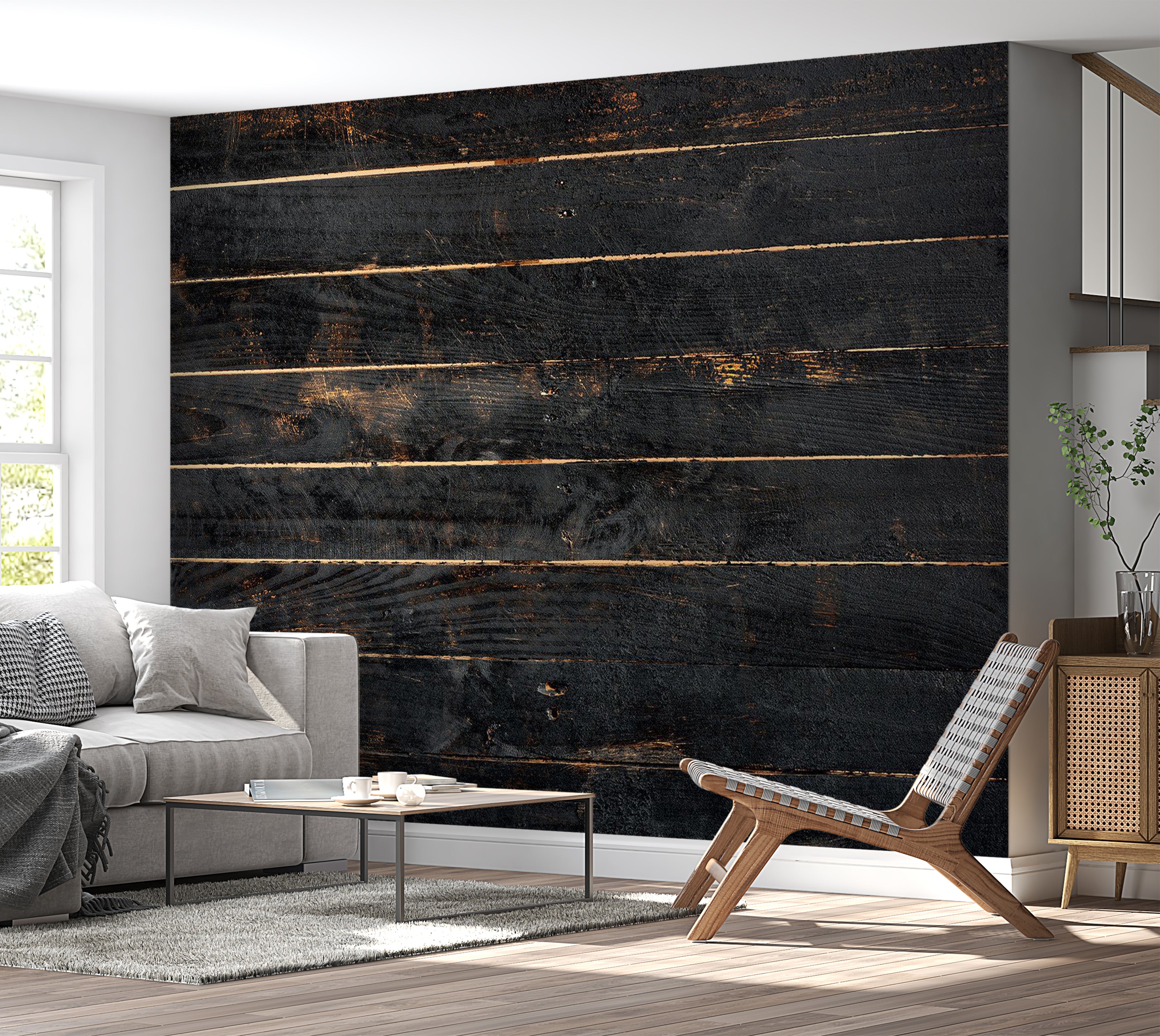 Surface Texture Wallpaper Wall Mural - Black Old Horizontal Planks 39"Wx27"H / Standard