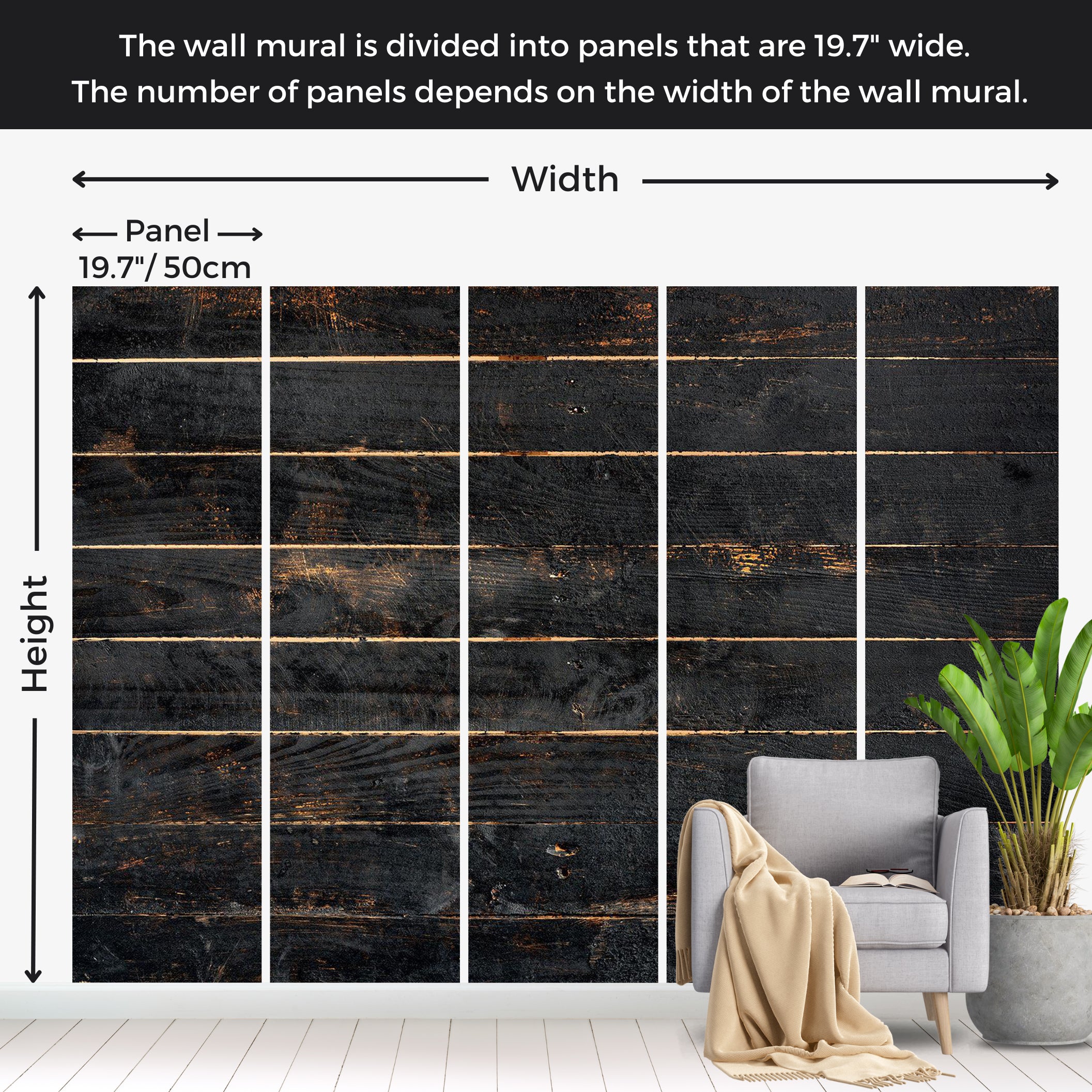 Surface Texture Wallpaper Wall Mural - Black Old Horizontal Planks 39"Wx27"H / Standard