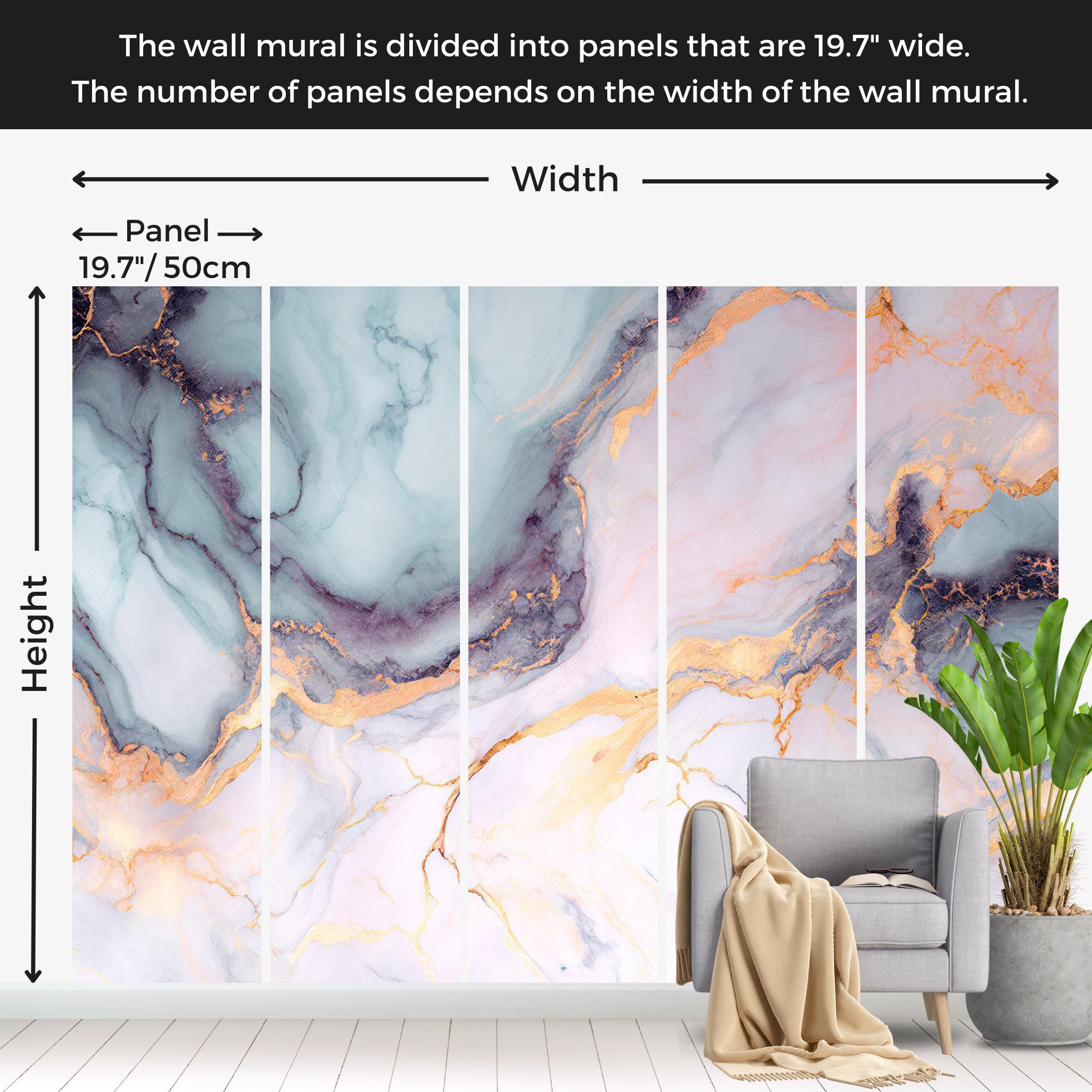 Surface Texture Wallpaper Wall Mural - Blue Gold Marble 39"Wx27"H / Standard