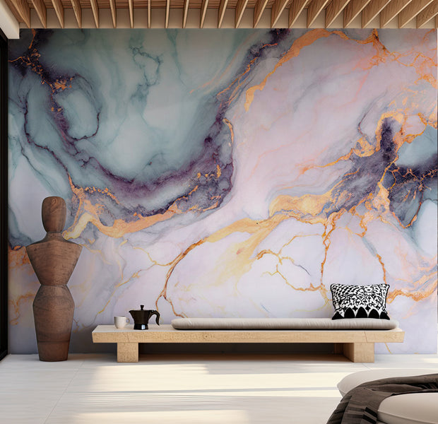 Surface Texture Wallpaper Wall Mural - Blue Gold Marble 39"Wx27"H / Standard